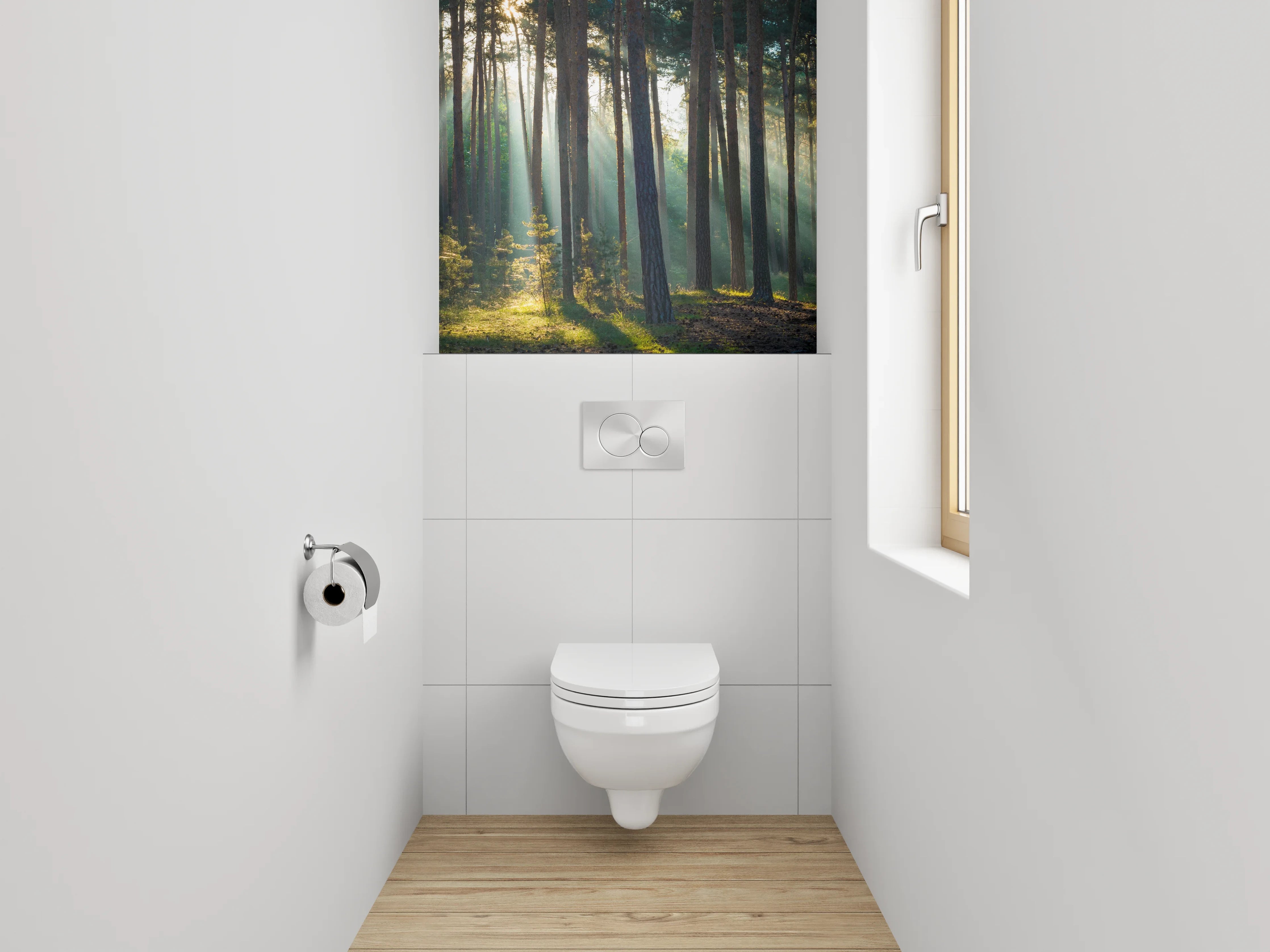WC-Rückwand - Sonnenstrahlen im ruhigen Kiefernwald