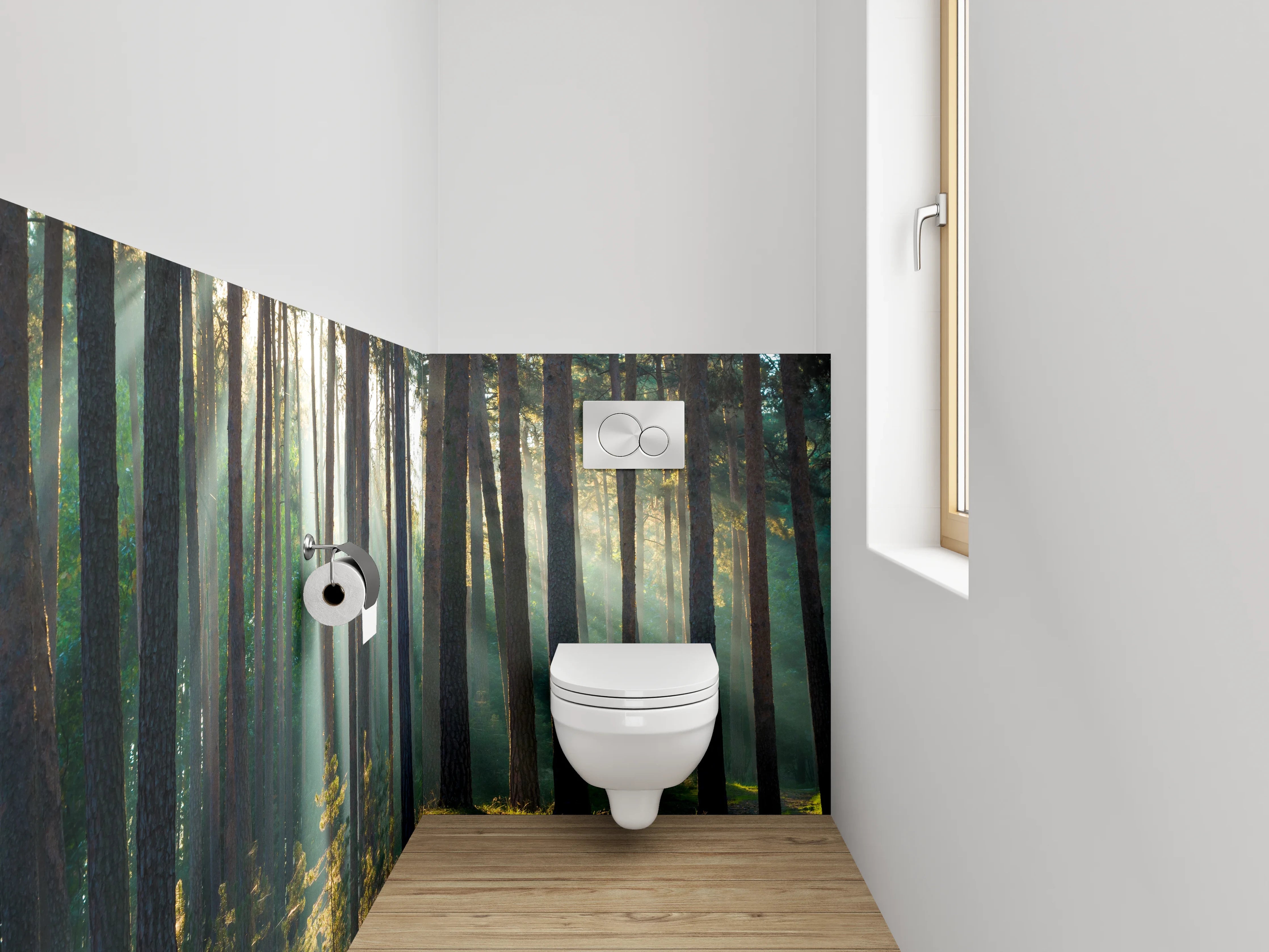 WC-Rückwand - Sonnenstrahlen im ruhigen Kiefernwald
