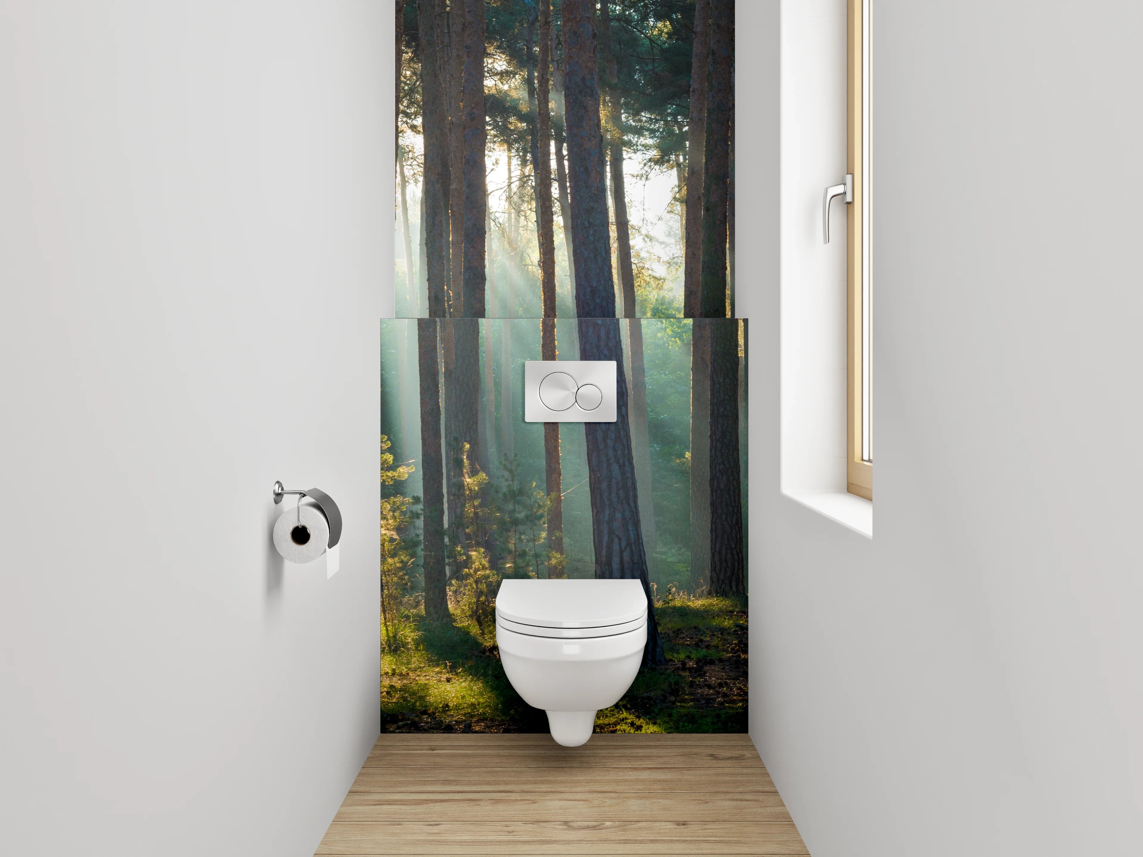 WC-Rückwand - Sonnenstrahlen im ruhigen Kiefernwald