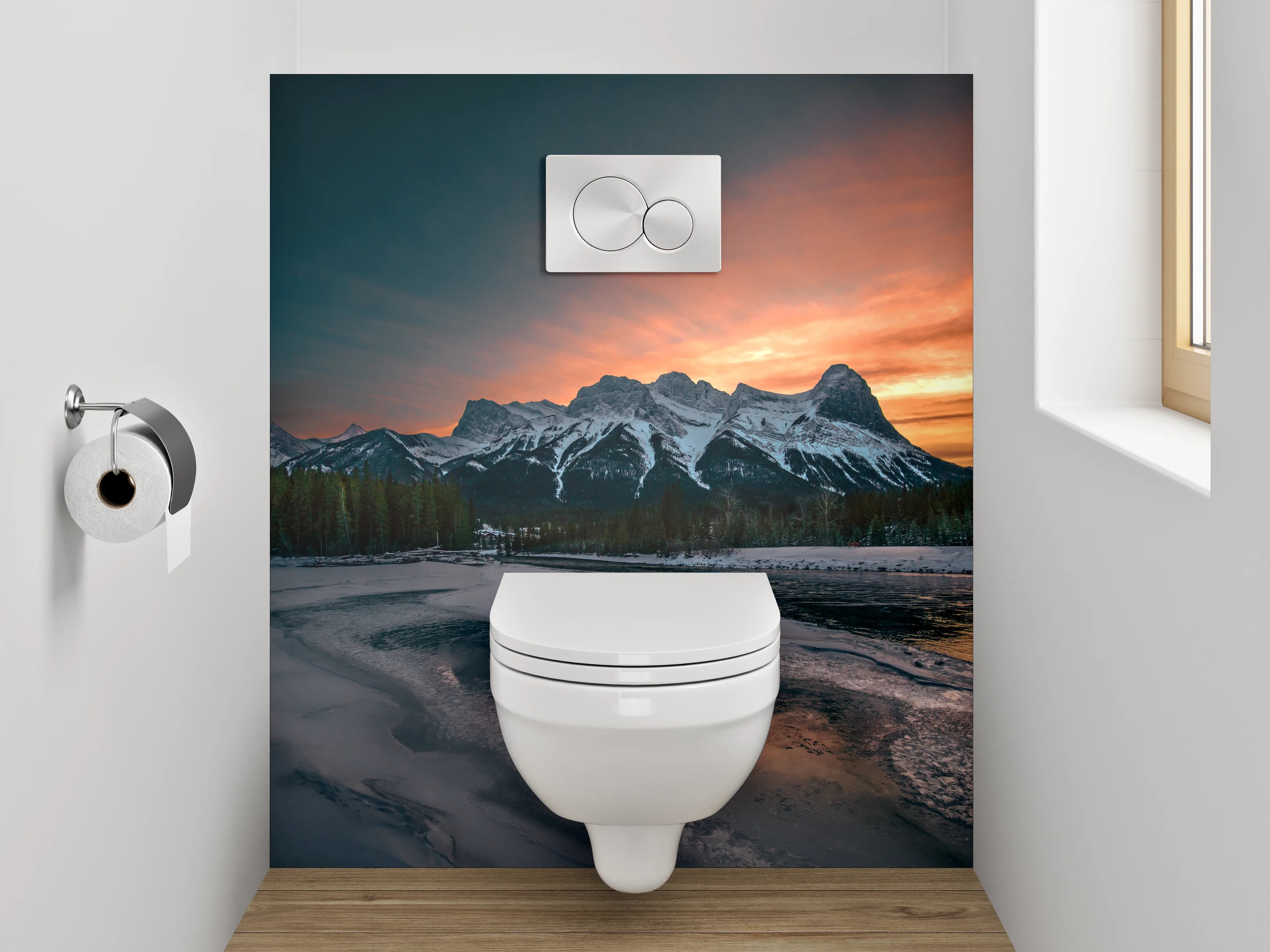 WC-Rückwand - Sonnenuntergang Bergpanorama am See