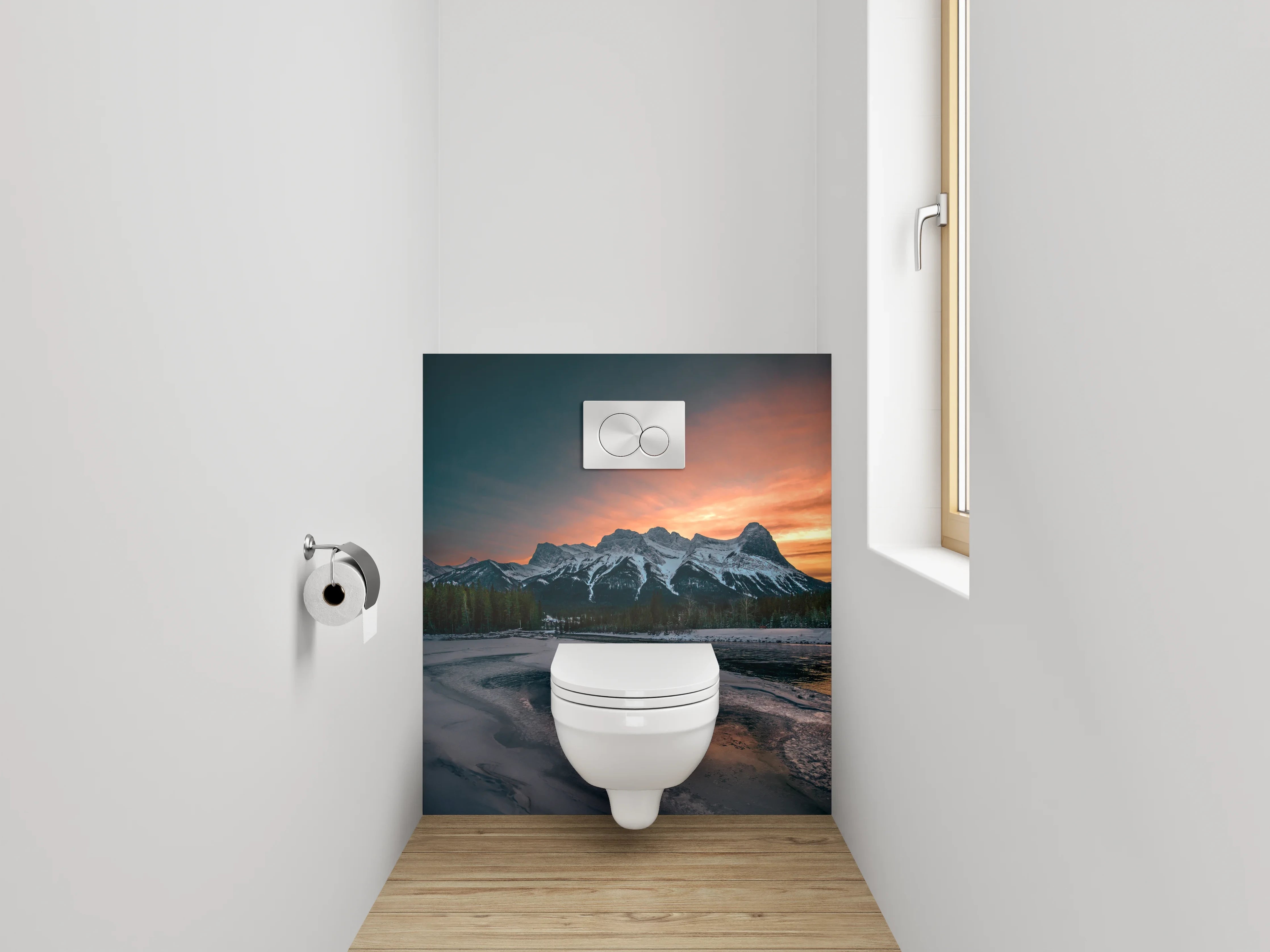 WC-Rückwand - Sonnenuntergang Bergpanorama am See