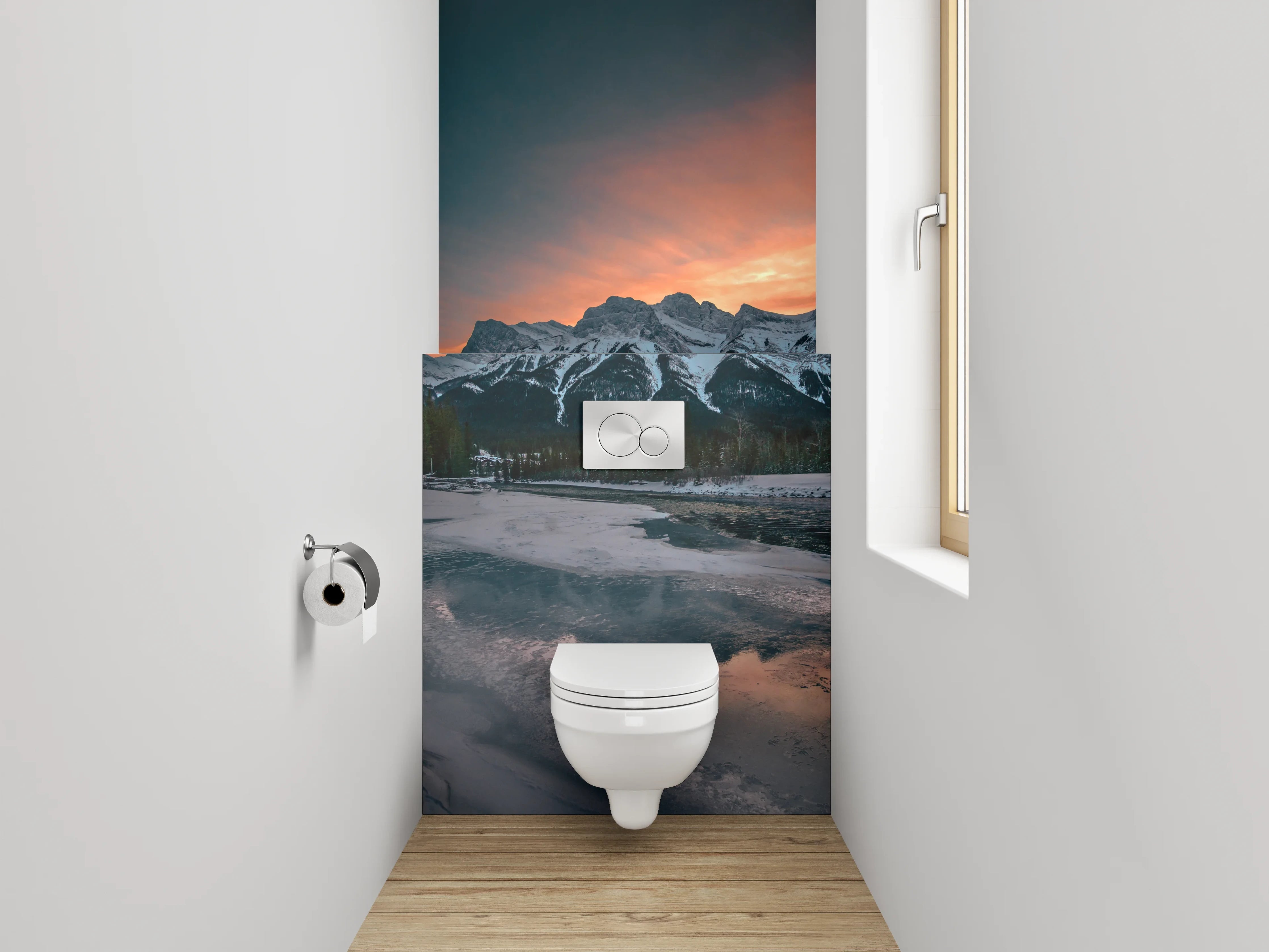 WC-Rückwand - Sonnenuntergang Bergpanorama am See