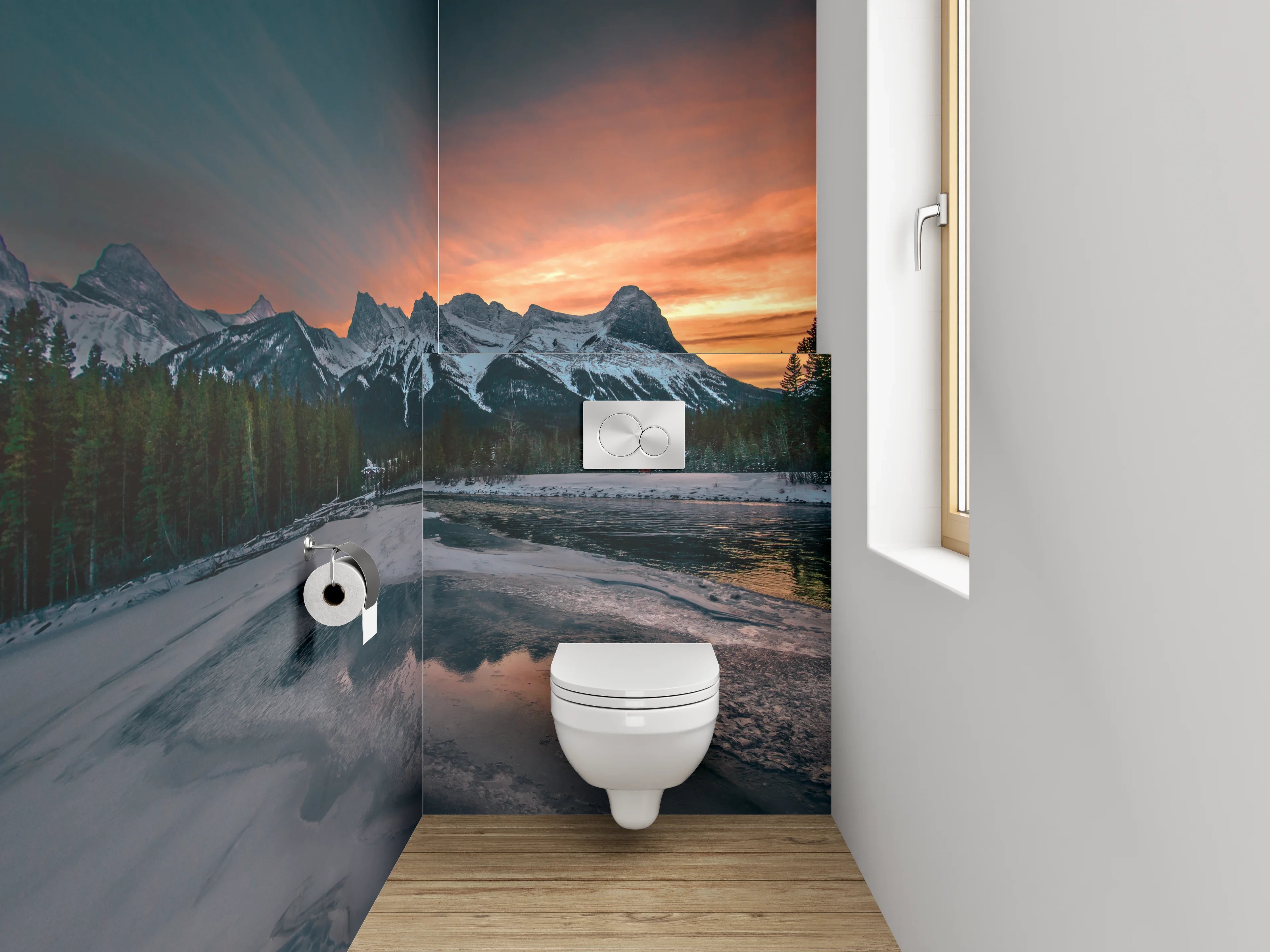 WC-Rückwand - Sonnenuntergang Bergpanorama am See