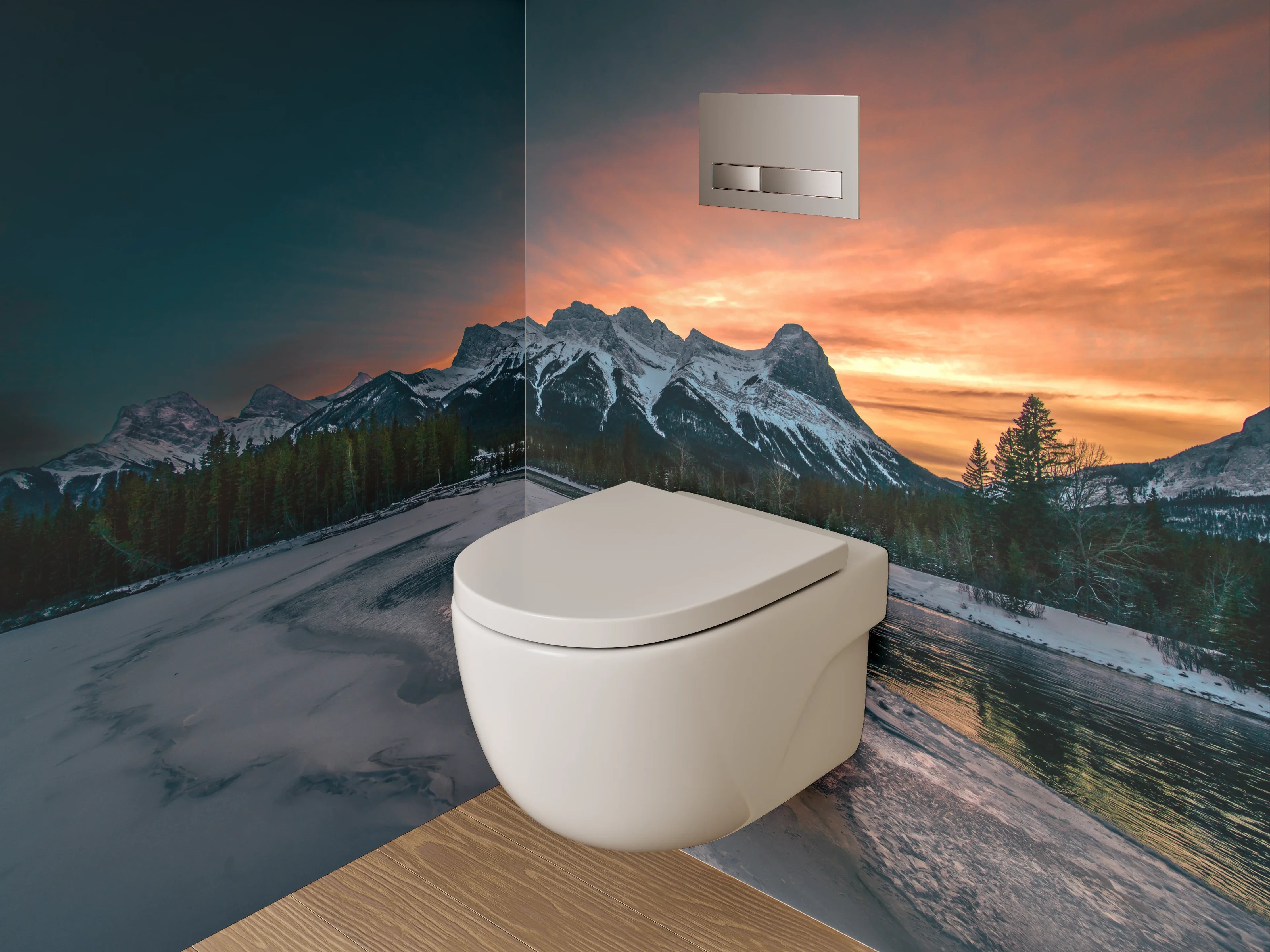 WC-Rückwand - Sonnenuntergang Bergpanorama am See