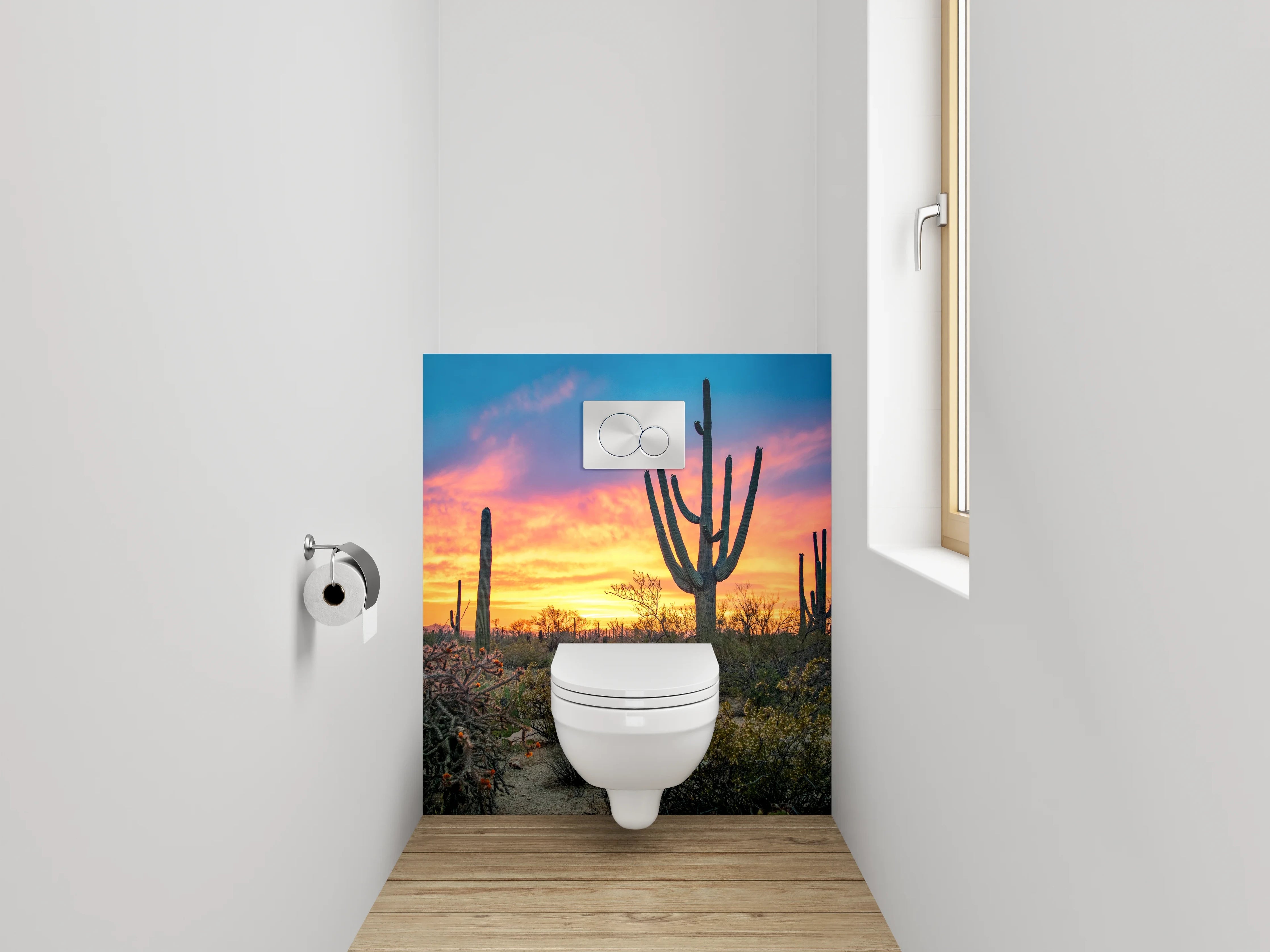 WC-Rückwand - Sonnenuntergang Wüste Kaktus Panorama