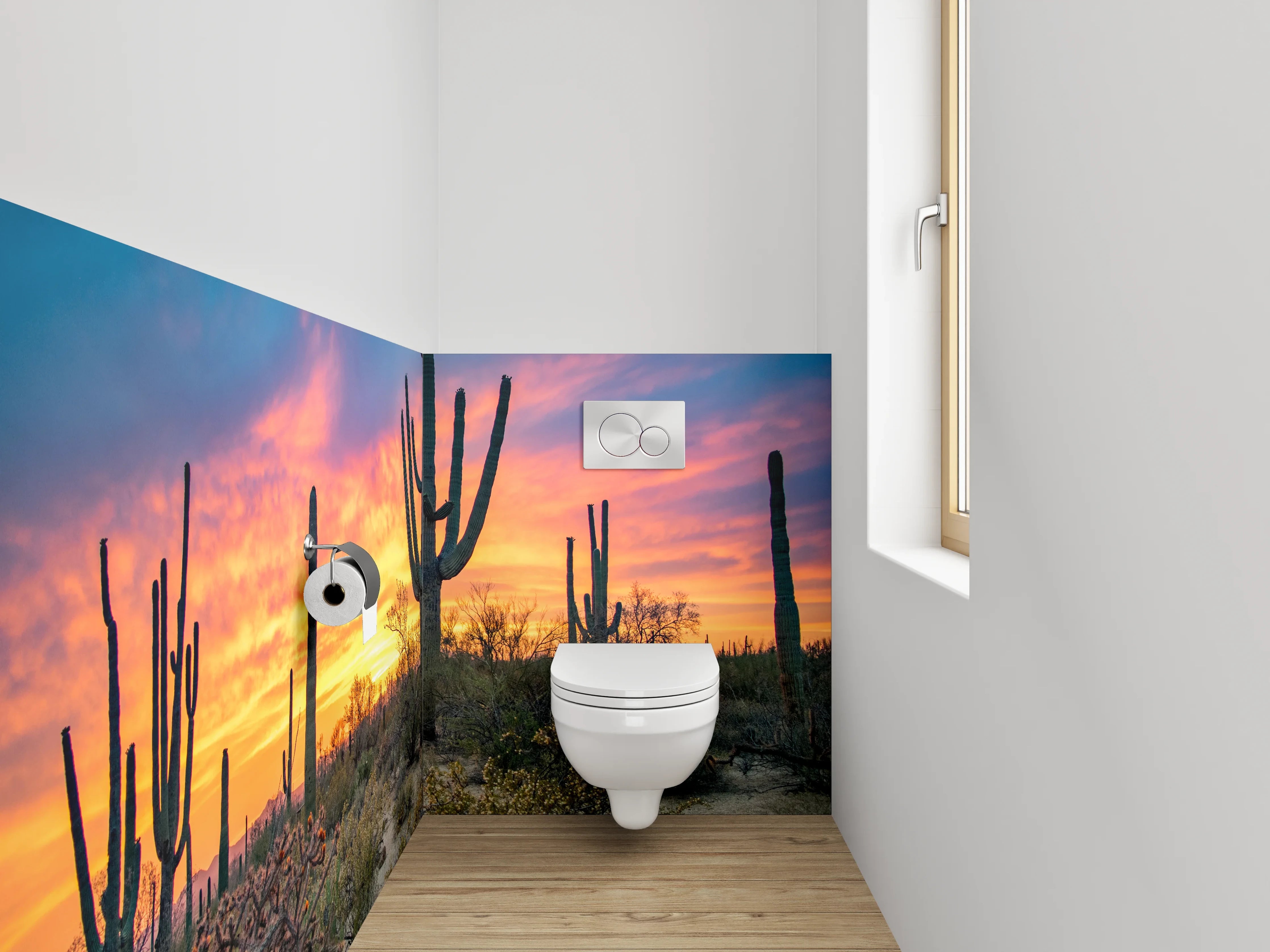 WC-Rückwand - Sonnenuntergang Wüste Kaktus Panorama