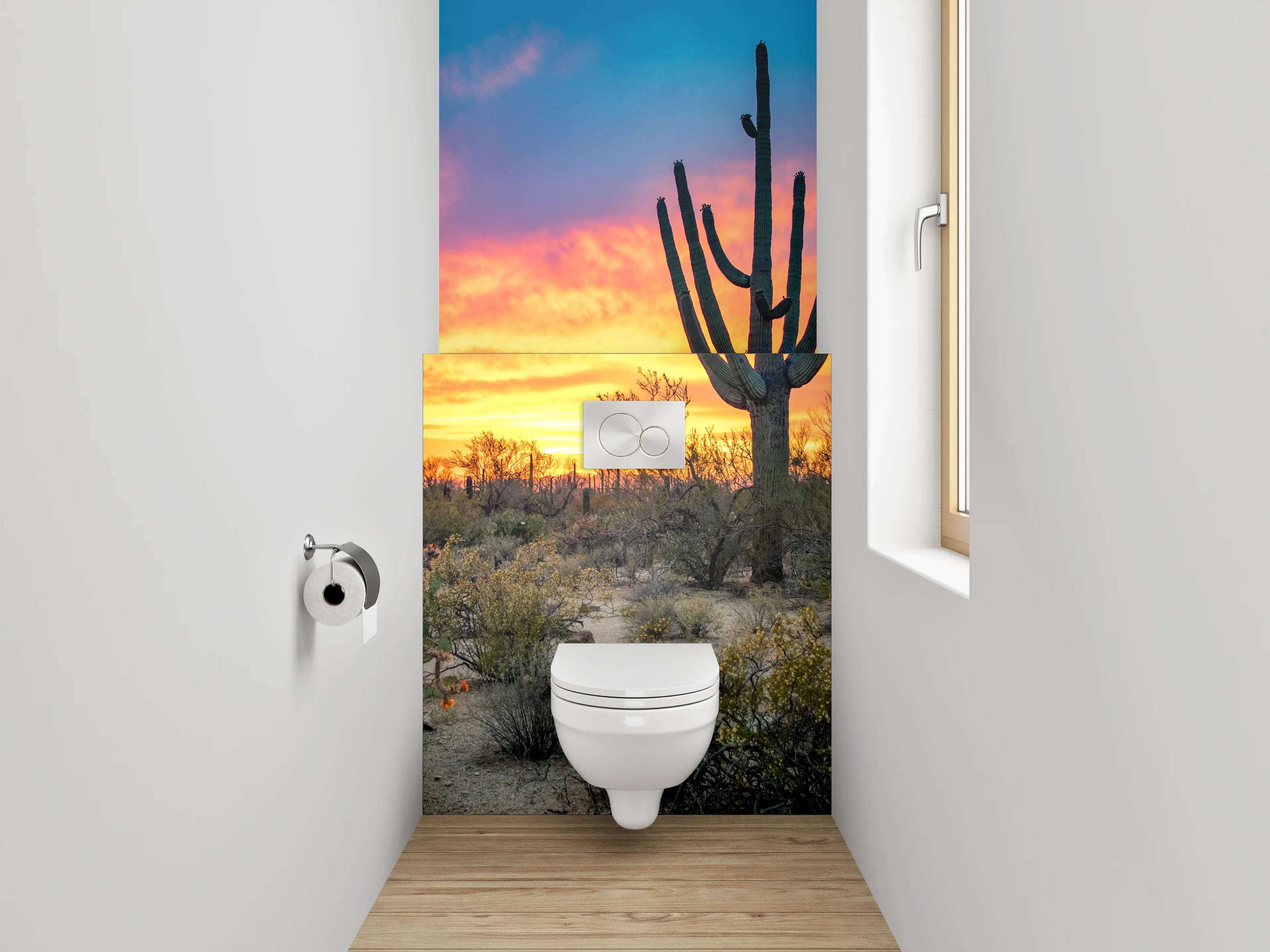 WC-Rückwand - Sonnenuntergang Wüste Kaktus Panorama