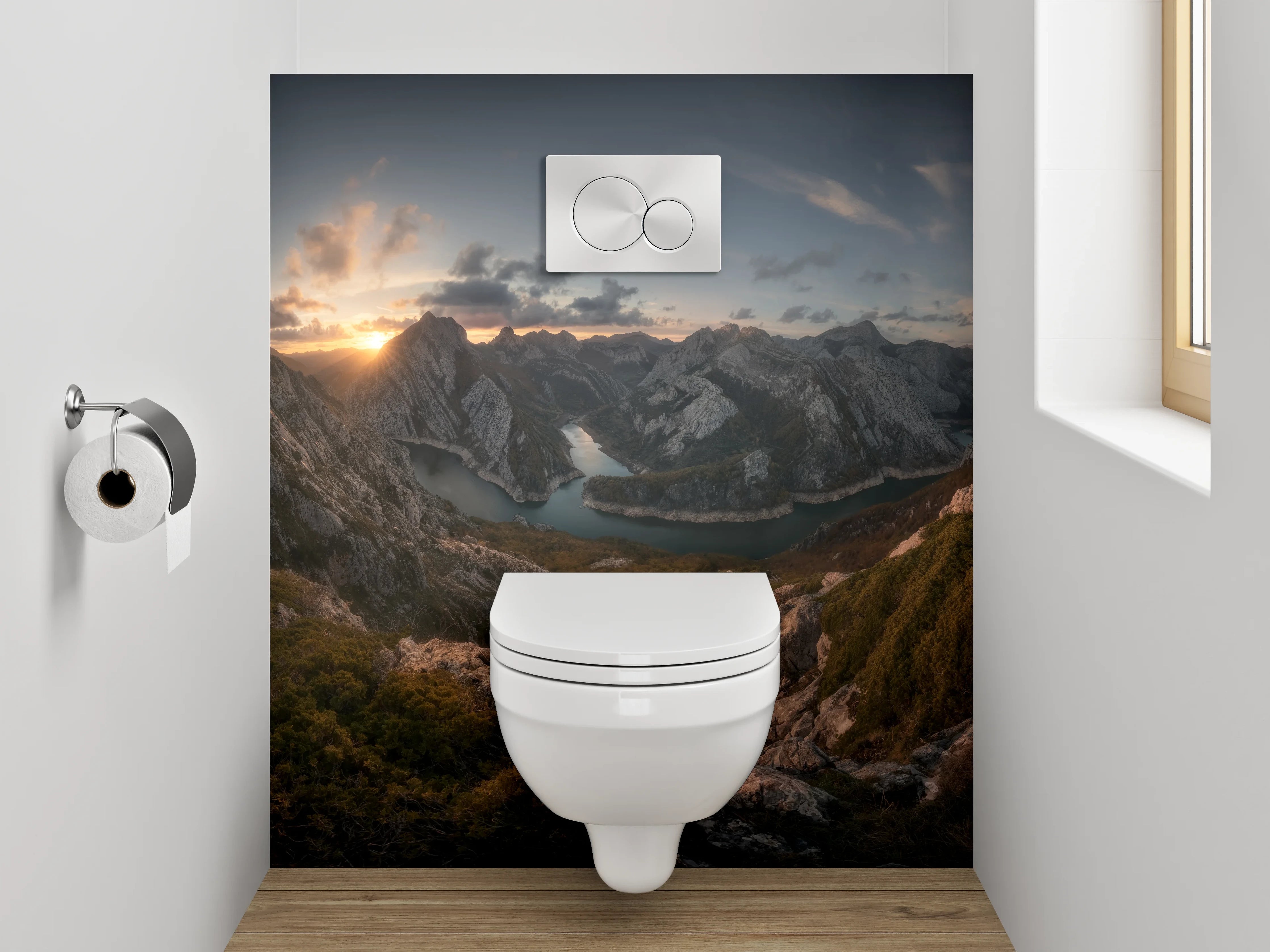 WC-Rückwand - Sonnenuntergang am Bergsee Panorama