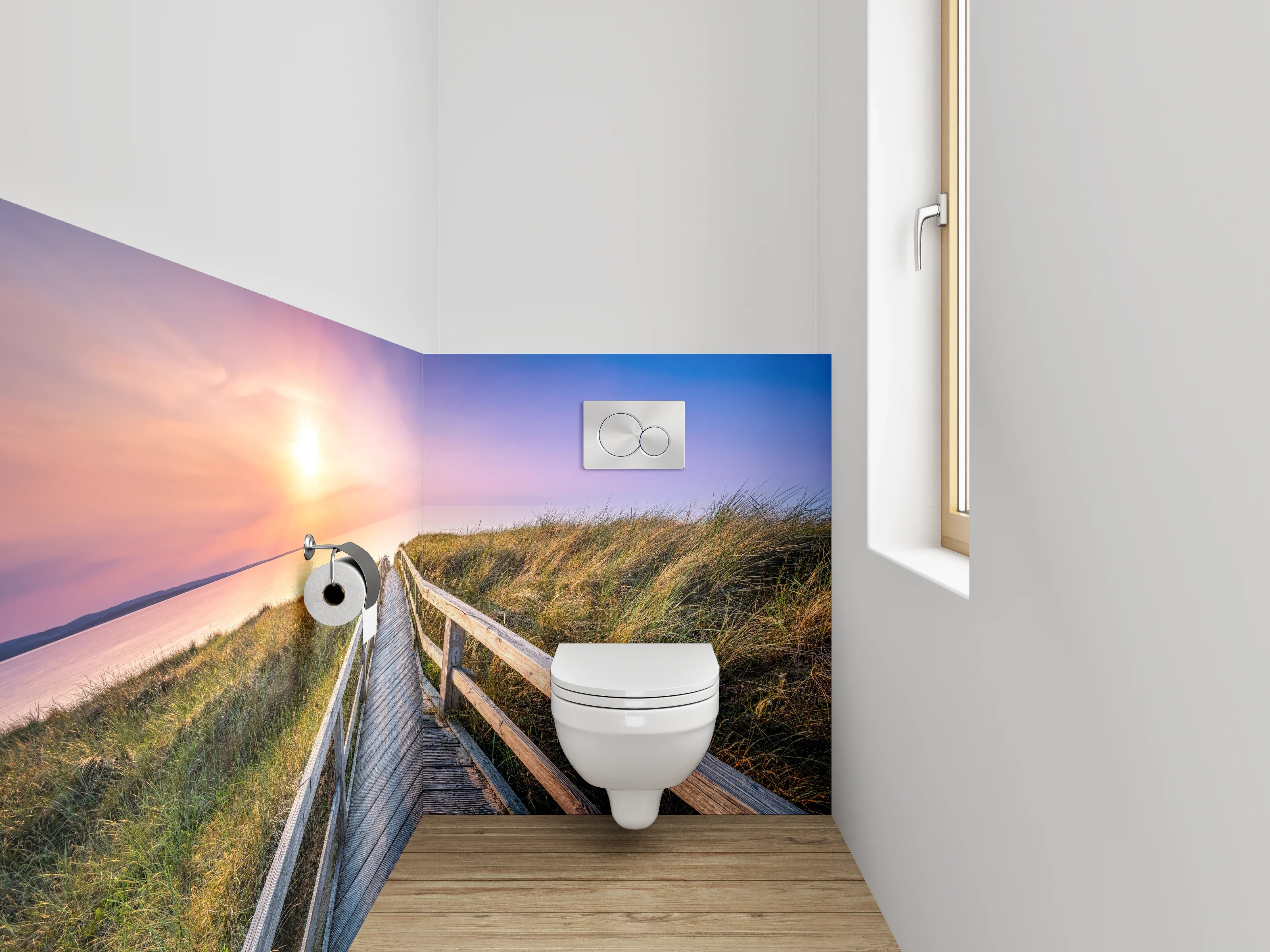 WC-Rückwand - Sonnenuntergang am Dünensteg