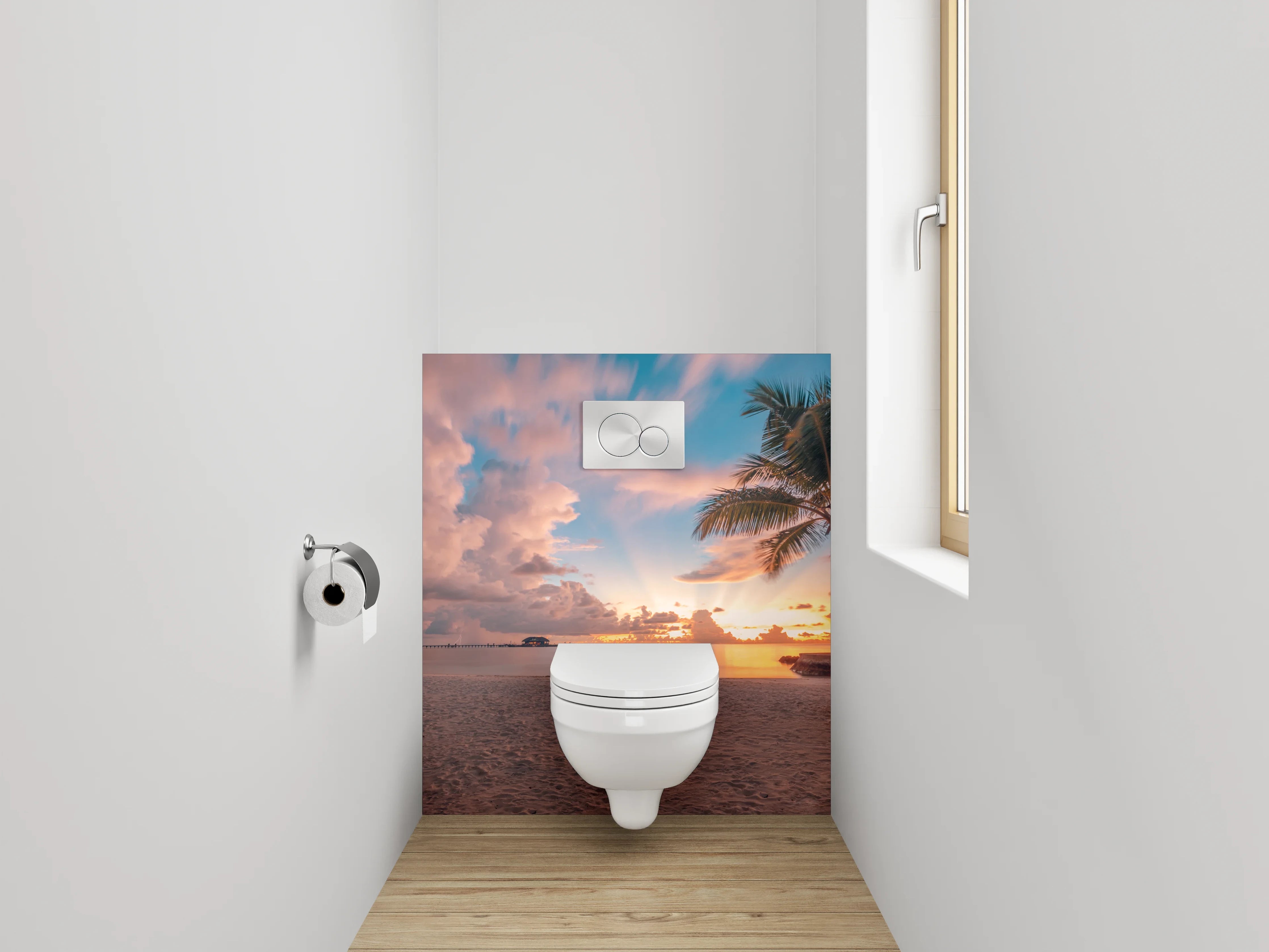 WC-Rückwand - Sonnenuntergang am Palmenstrand Panorama