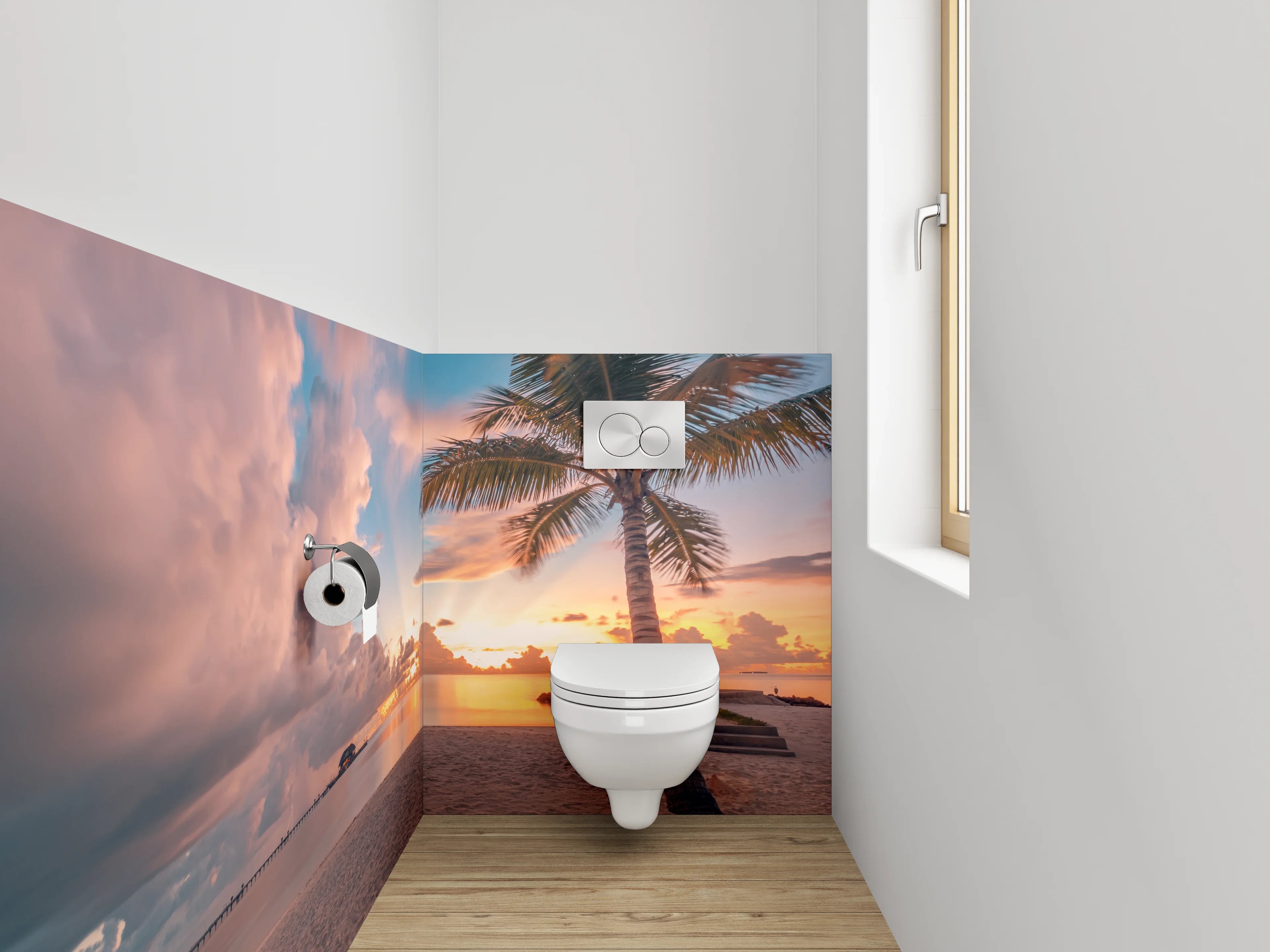WC-Rückwand - Sonnenuntergang am Palmenstrand Panorama