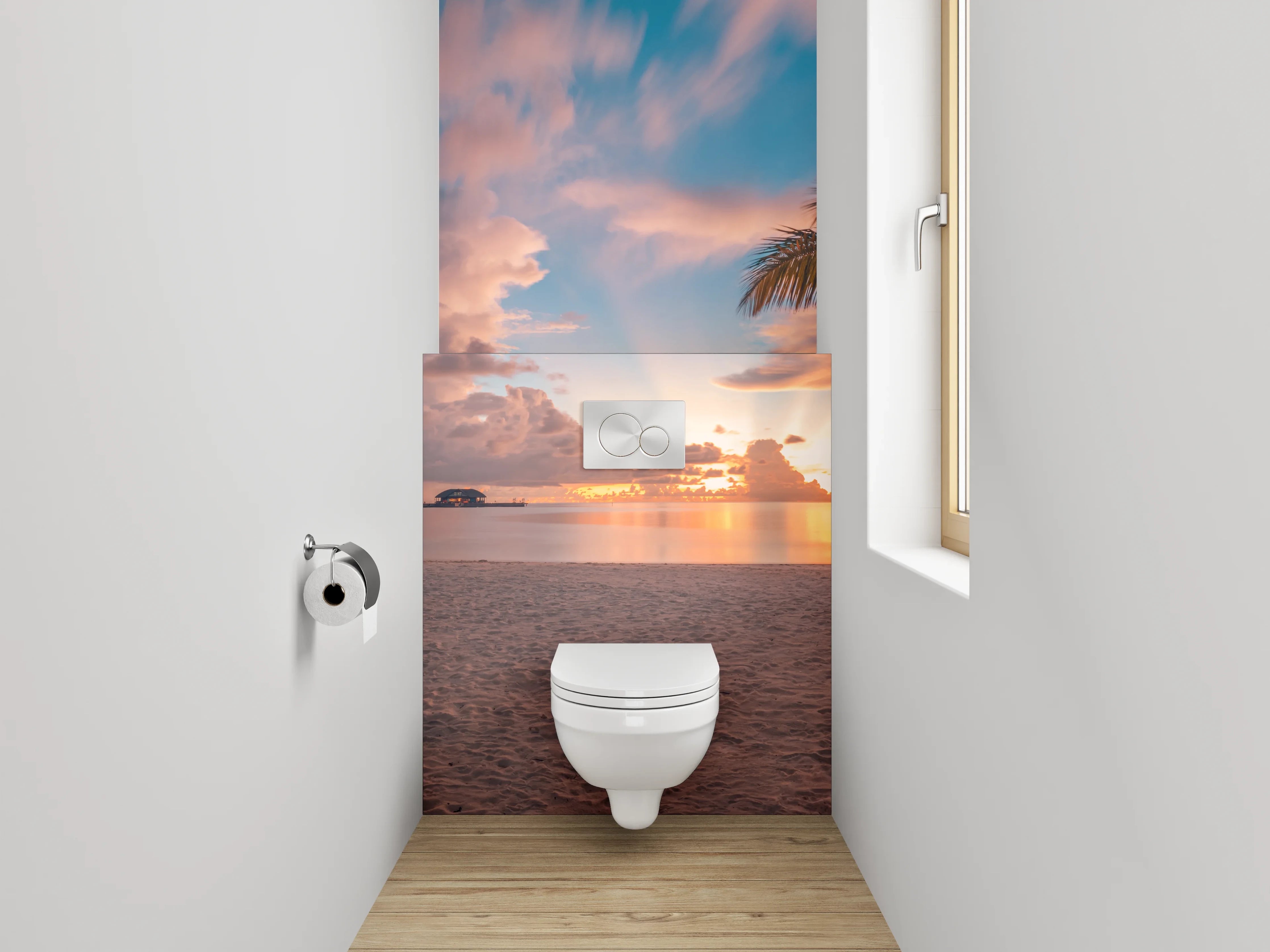 WC-Rückwand - Sonnenuntergang am Palmenstrand Panorama