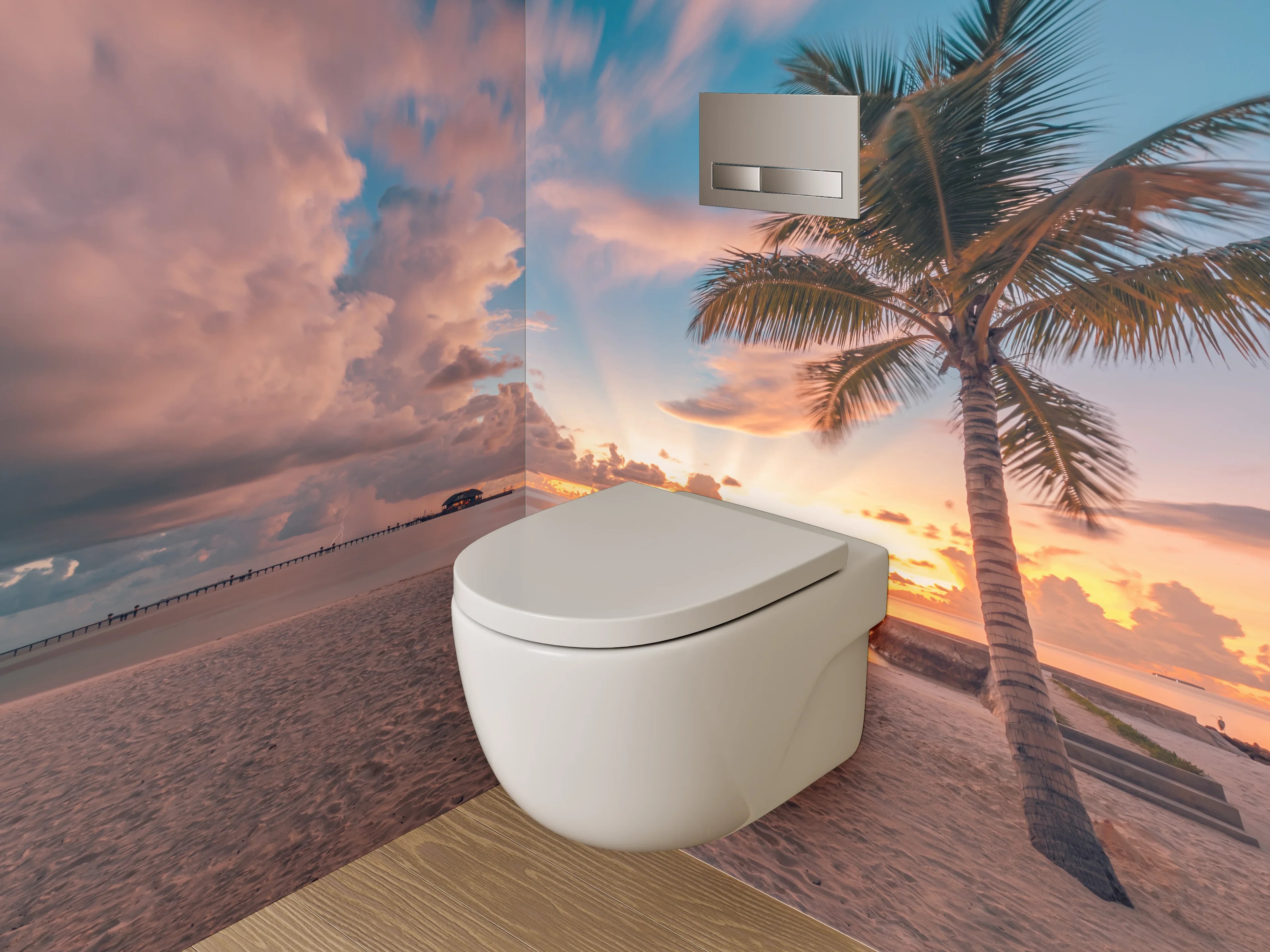 WC-Rückwand - Sonnenuntergang am Palmenstrand Panorama