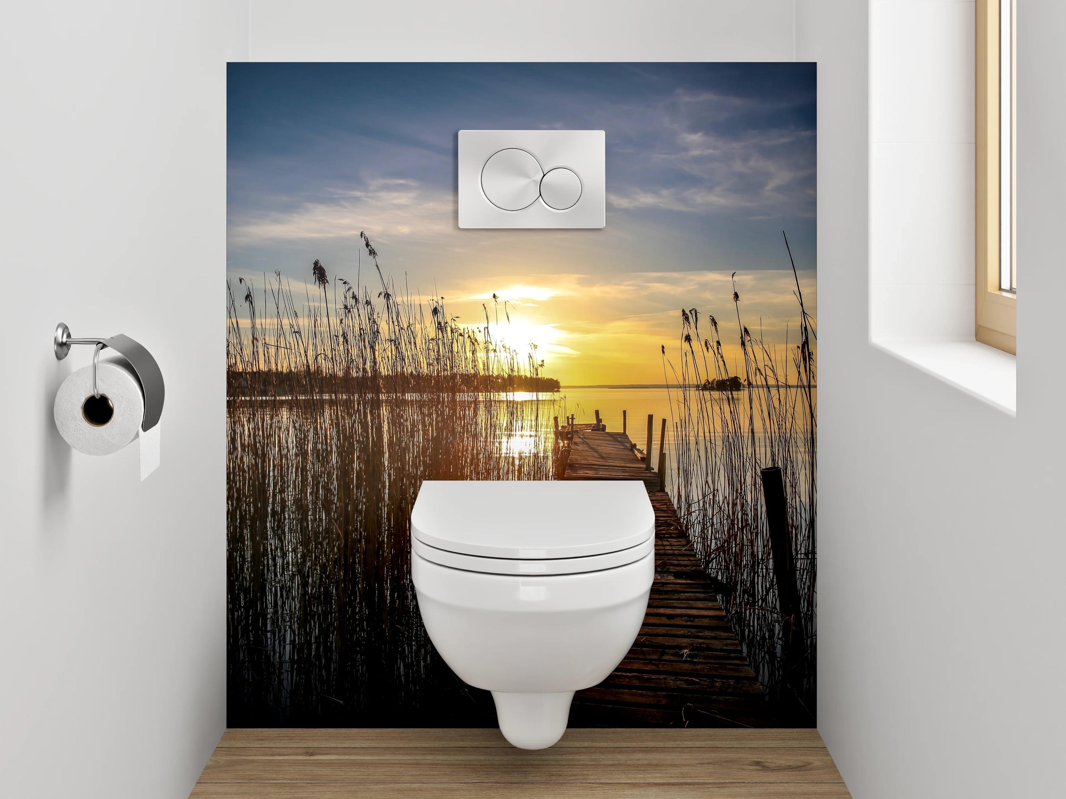 WC-Rückwand - Sonnenuntergang am See mit Holzsteg