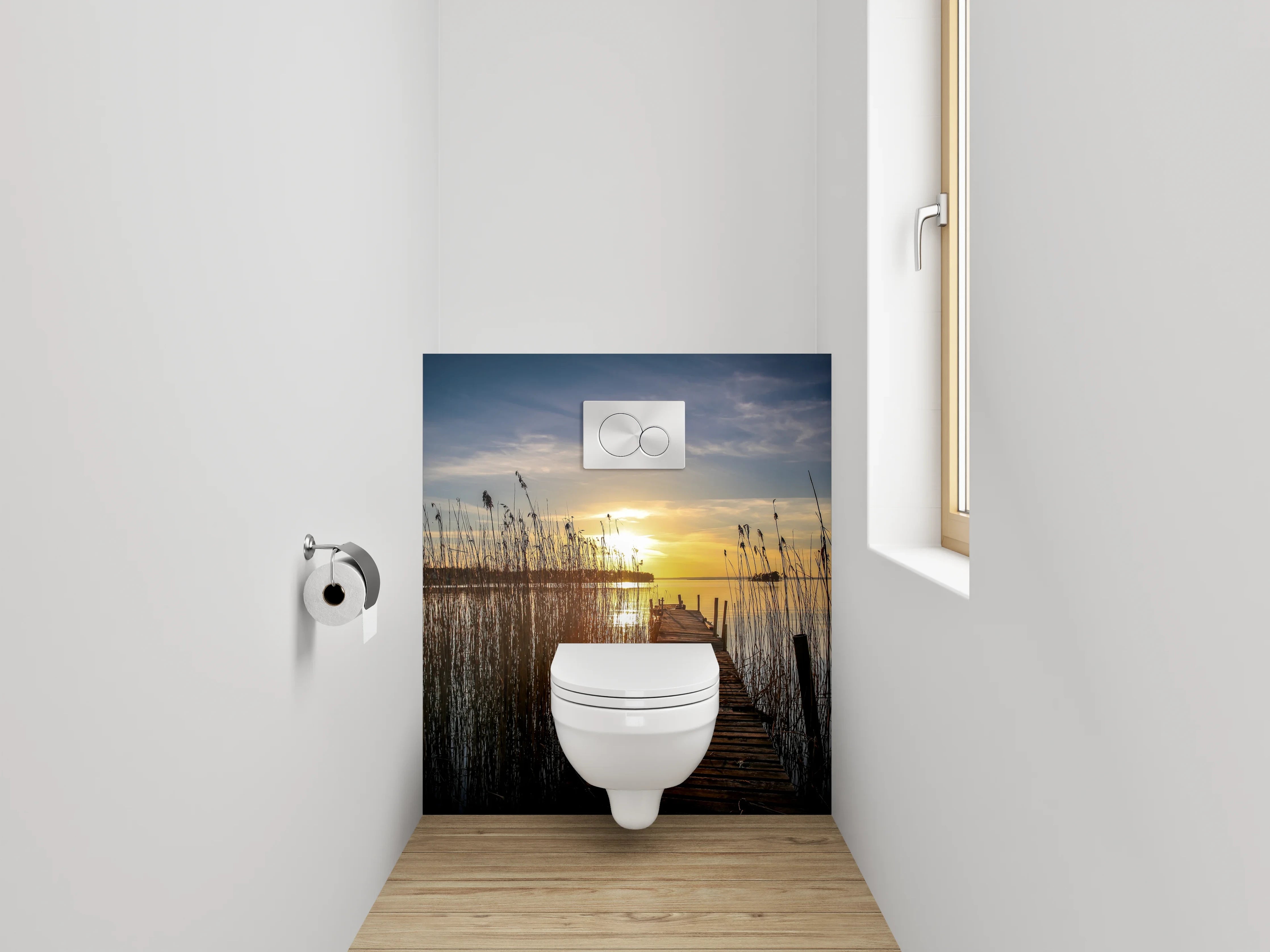 WC-Rückwand - Sonnenuntergang am See mit Holzsteg