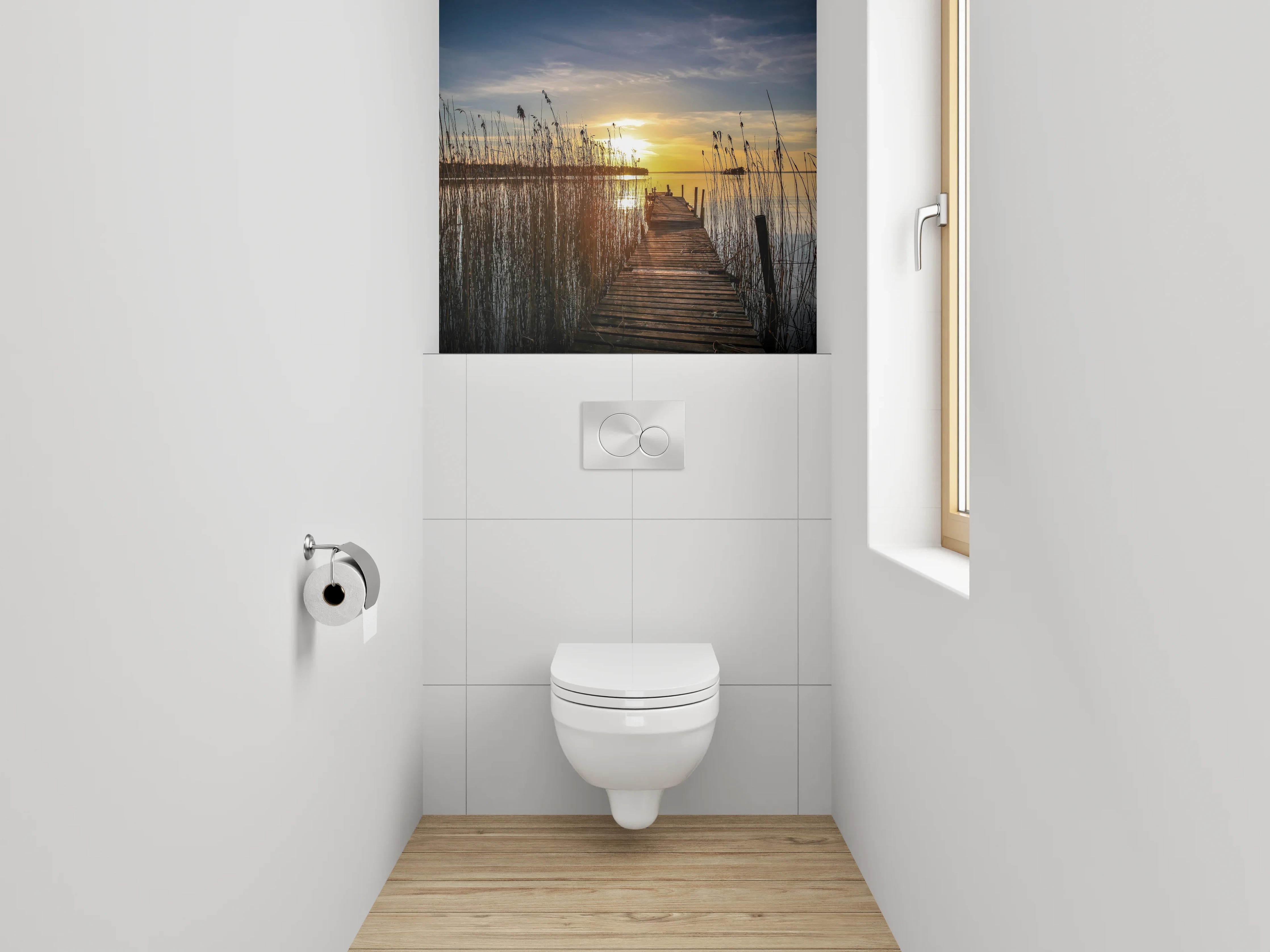 WC-Rückwand - Sonnenuntergang am See mit Holzsteg