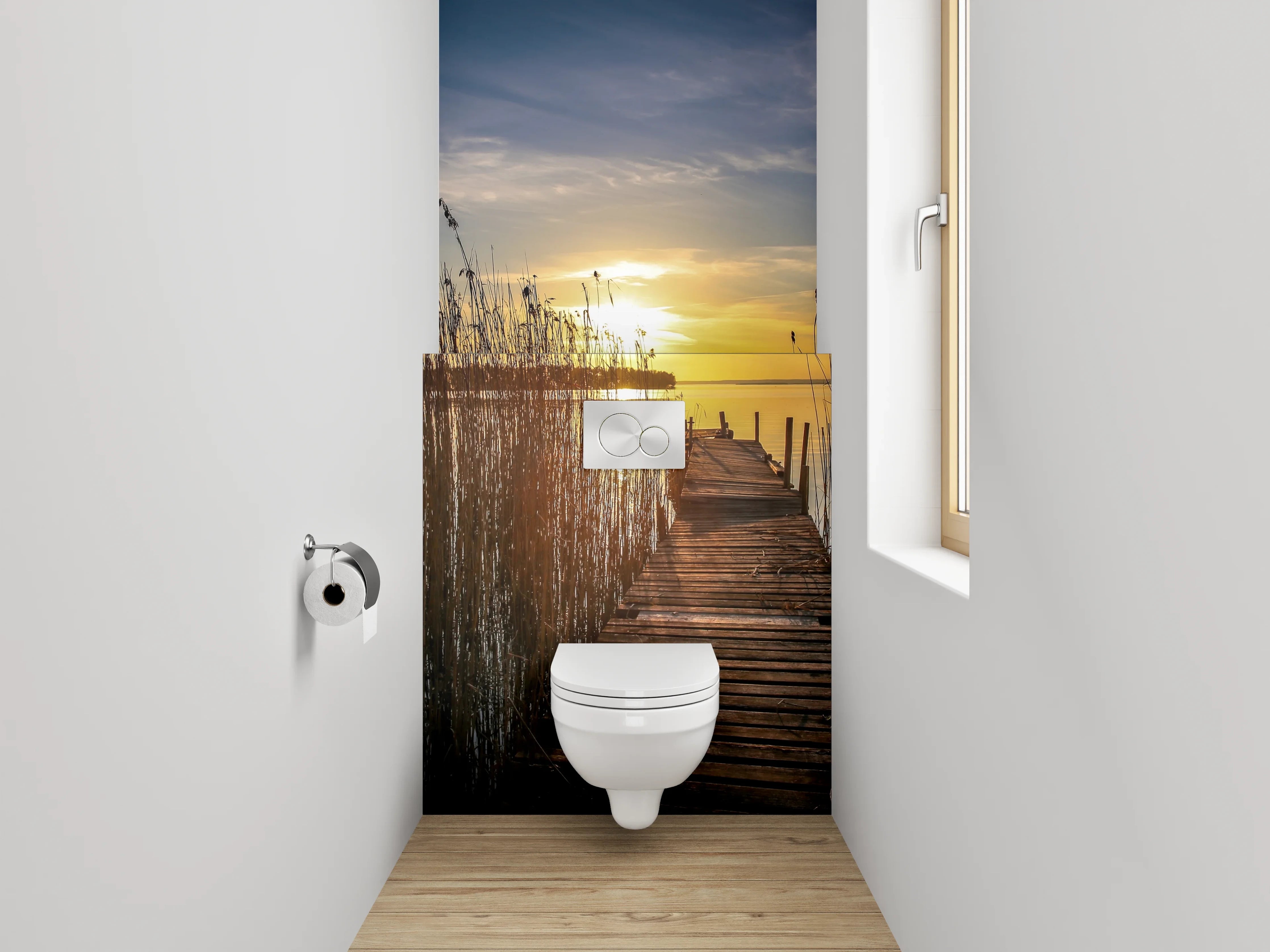 WC-Rückwand - Sonnenuntergang am See mit Holzsteg