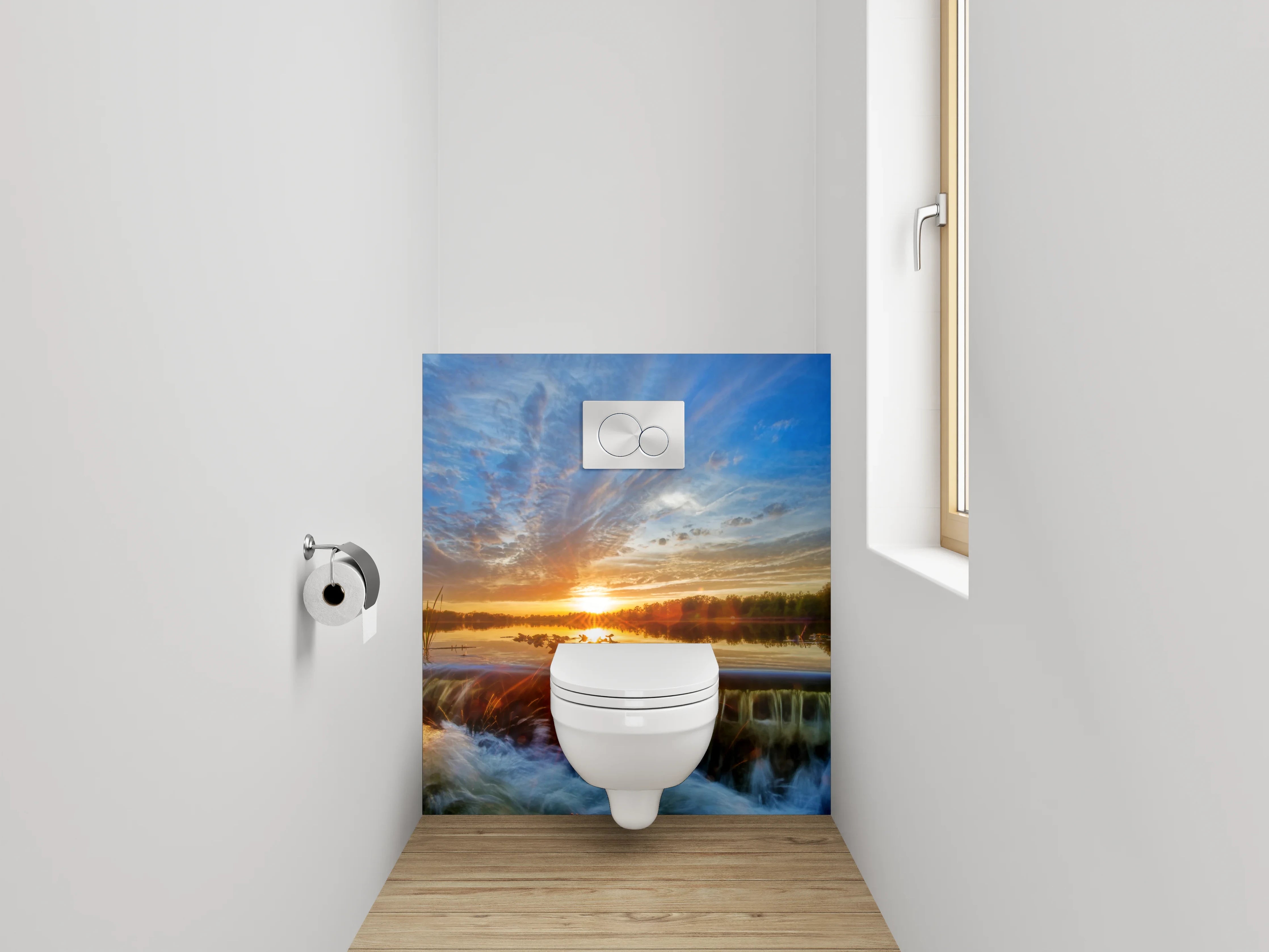 WC-Rückwand - Sonnenuntergang am See mit Wasserfall