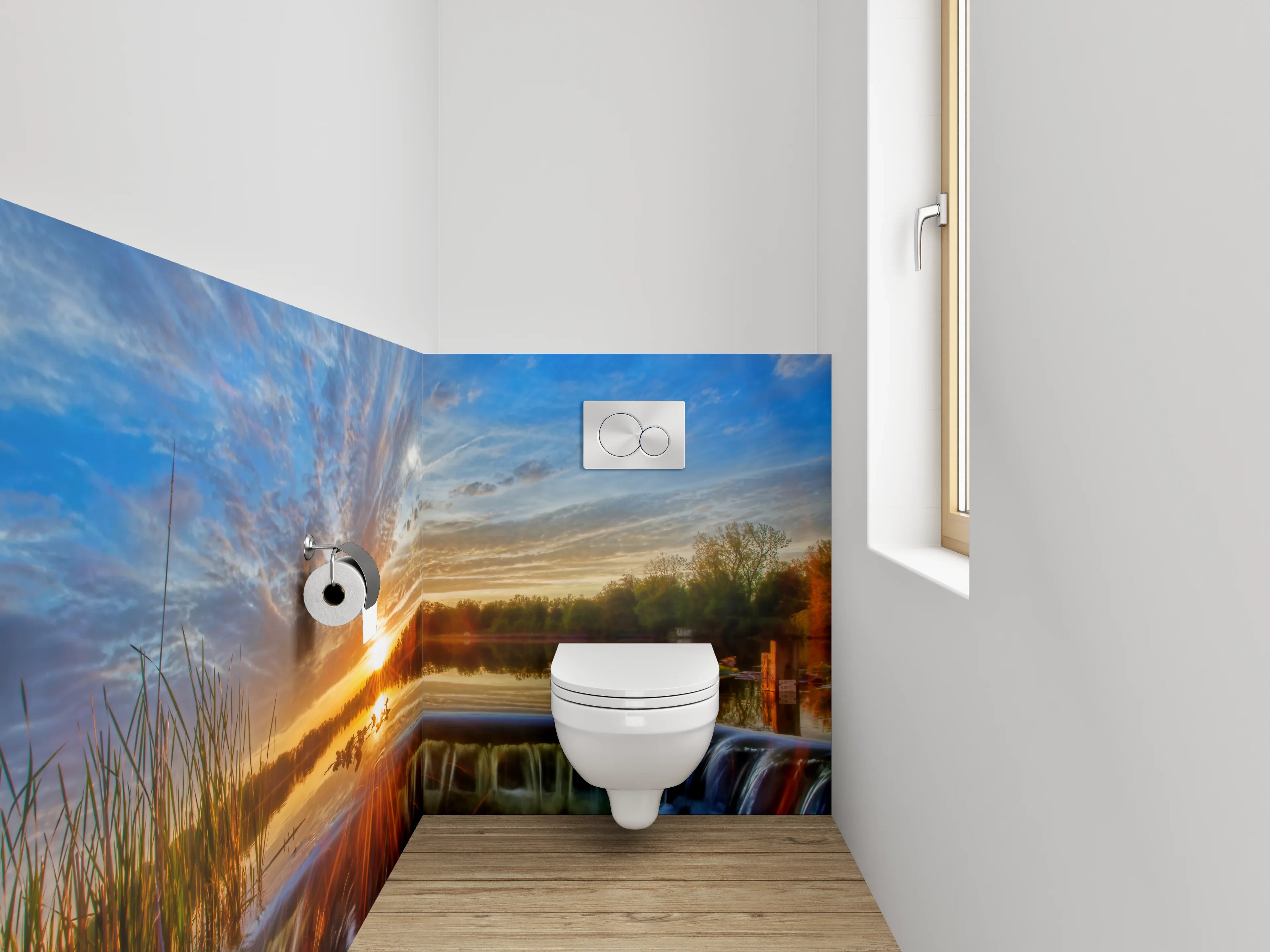 WC-Rückwand - Sonnenuntergang am See mit Wasserfall