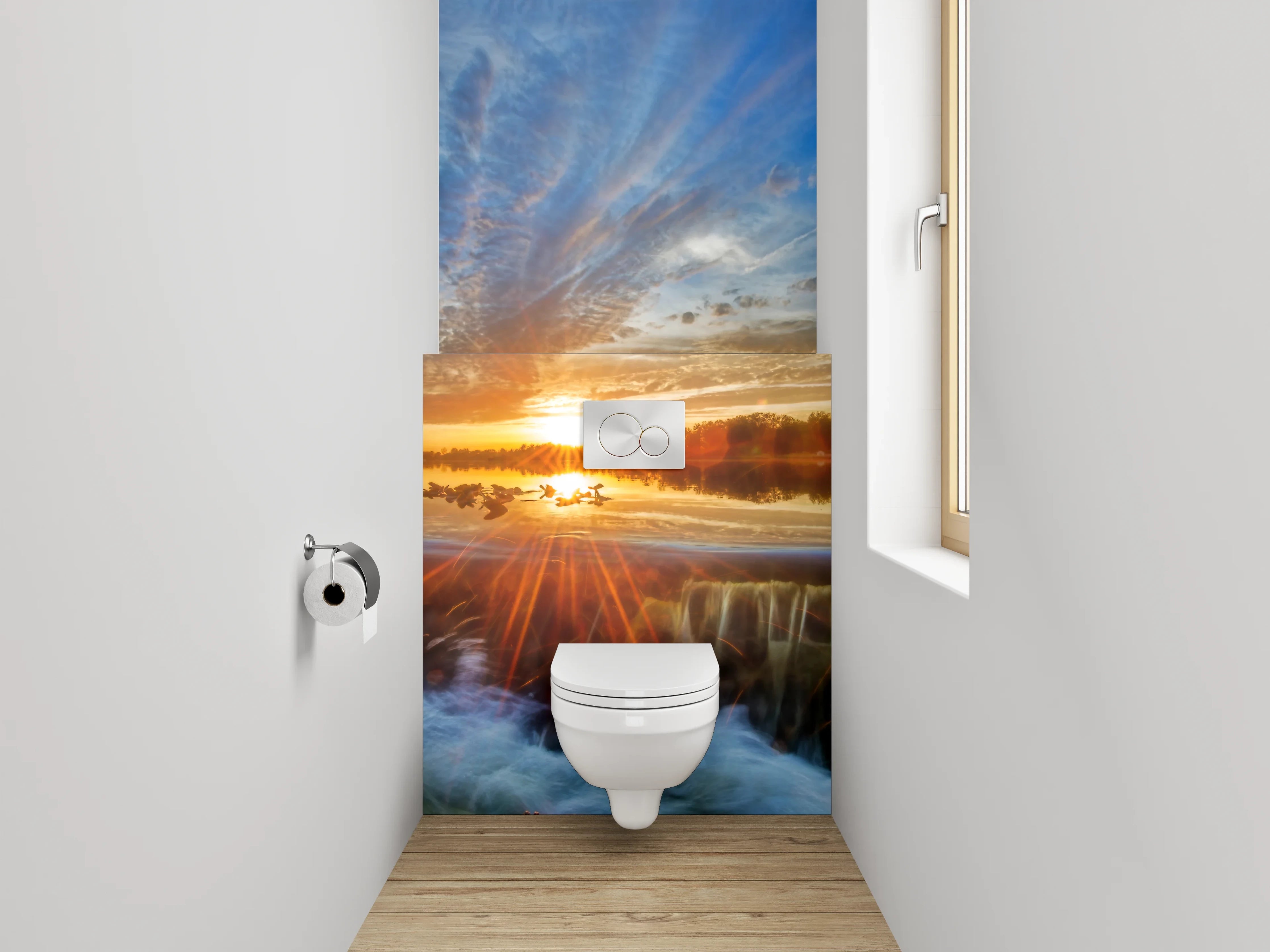WC-Rückwand - Sonnenuntergang am See mit Wasserfall