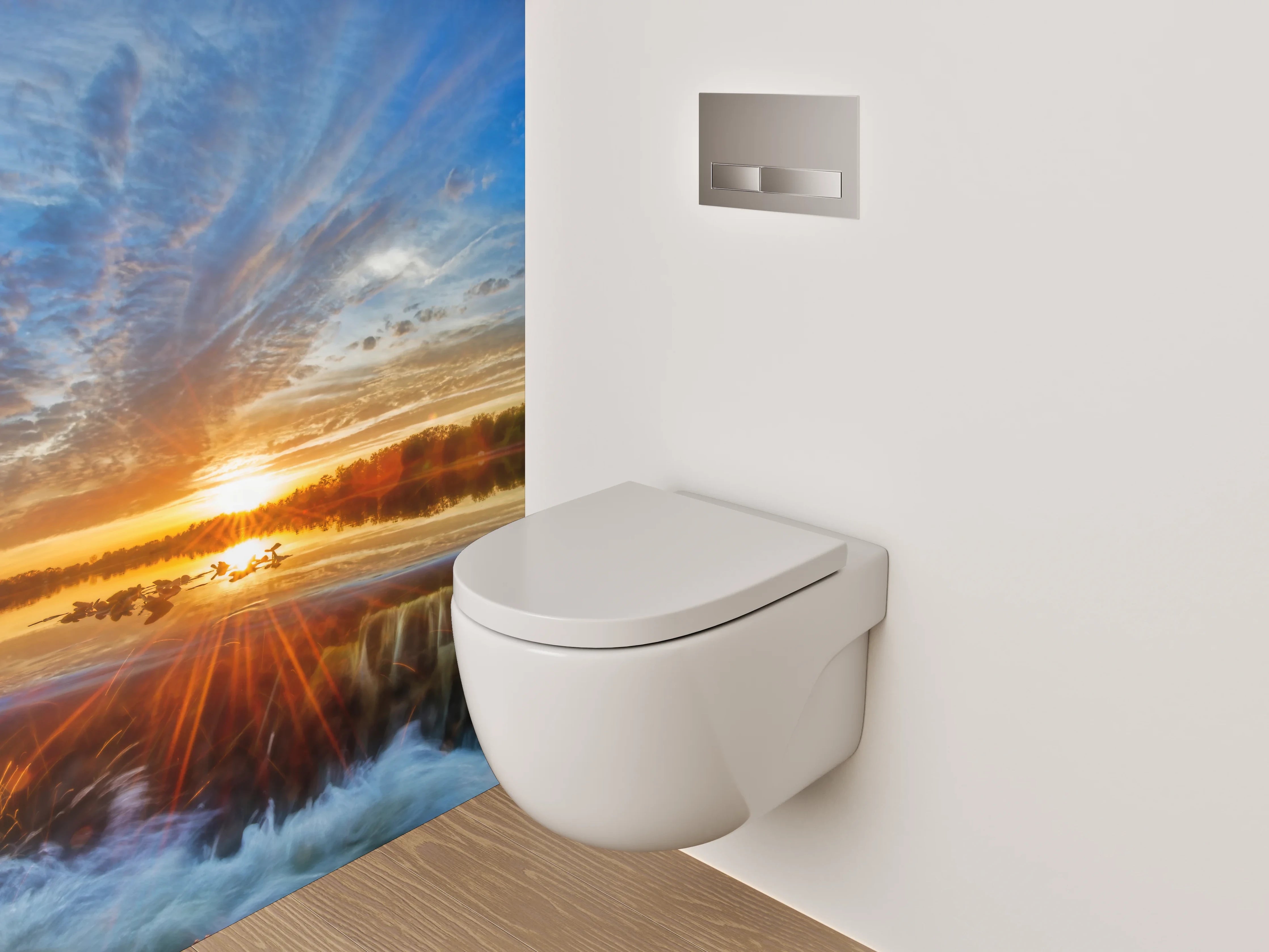 WC-Rückwand - Sonnenuntergang am See mit Wasserfall