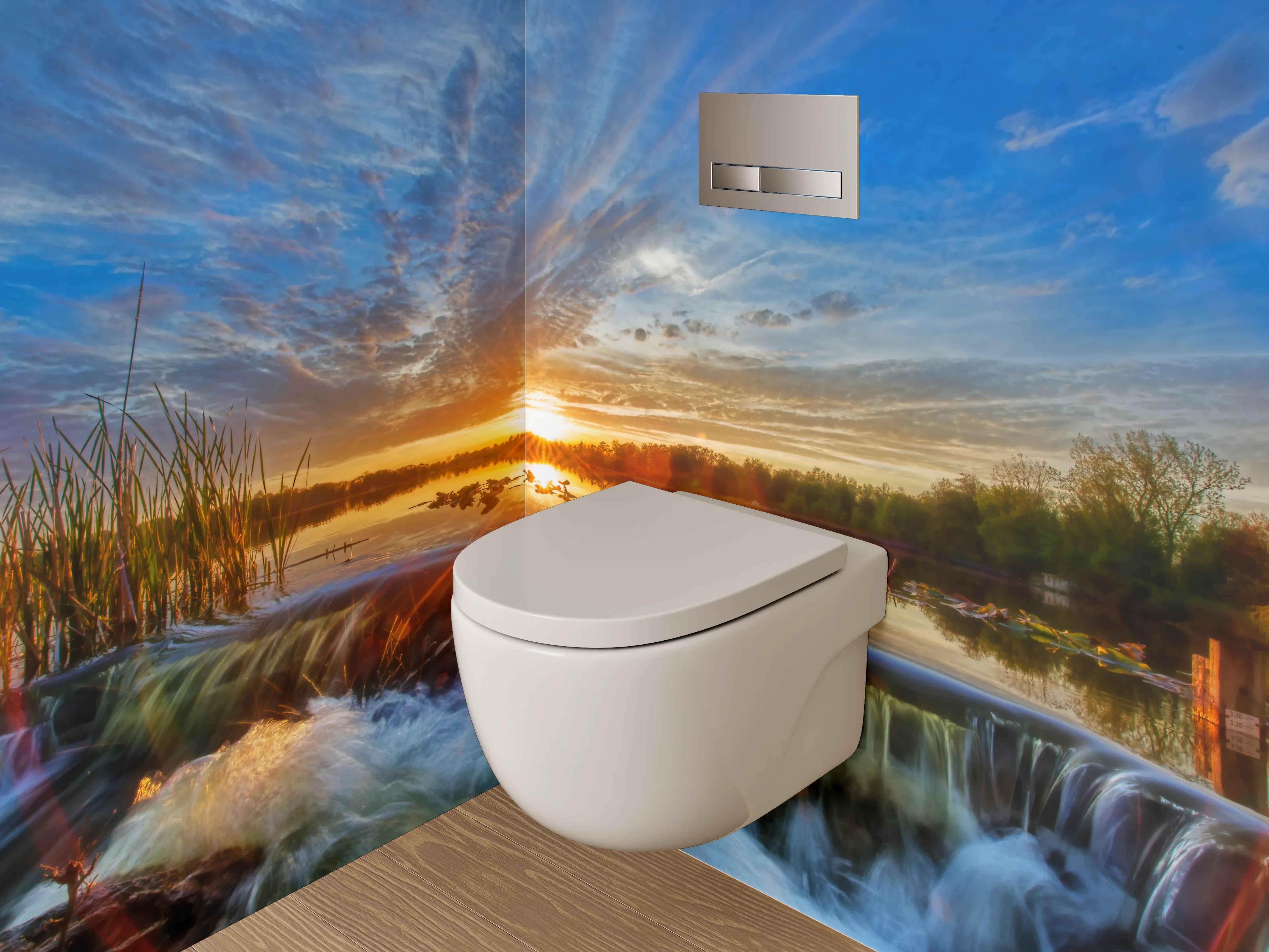 WC-Rückwand - Sonnenuntergang am See mit Wasserfall