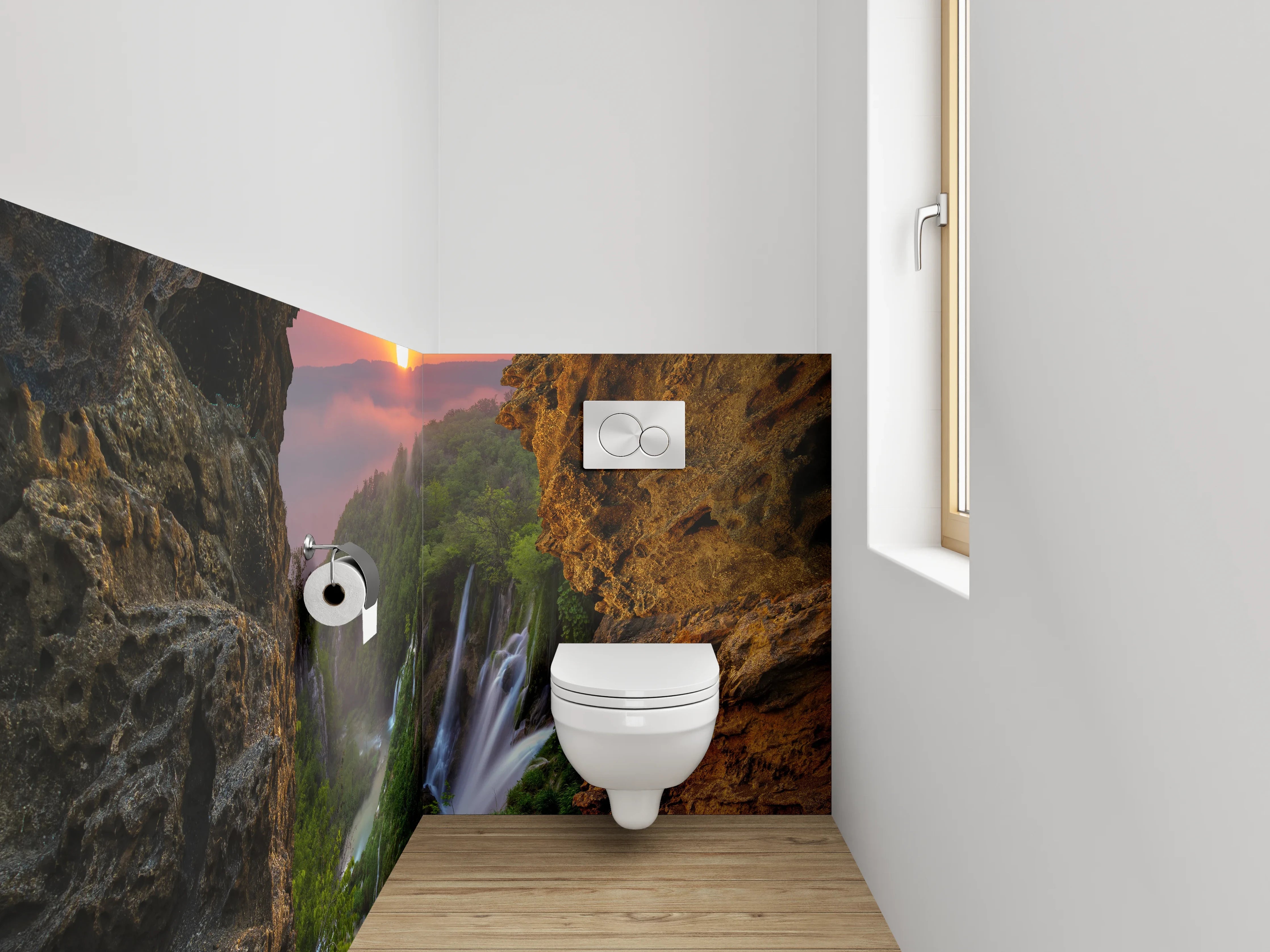 WC-Rückwand - Sonnenuntergang am Wasserfall Felsblick