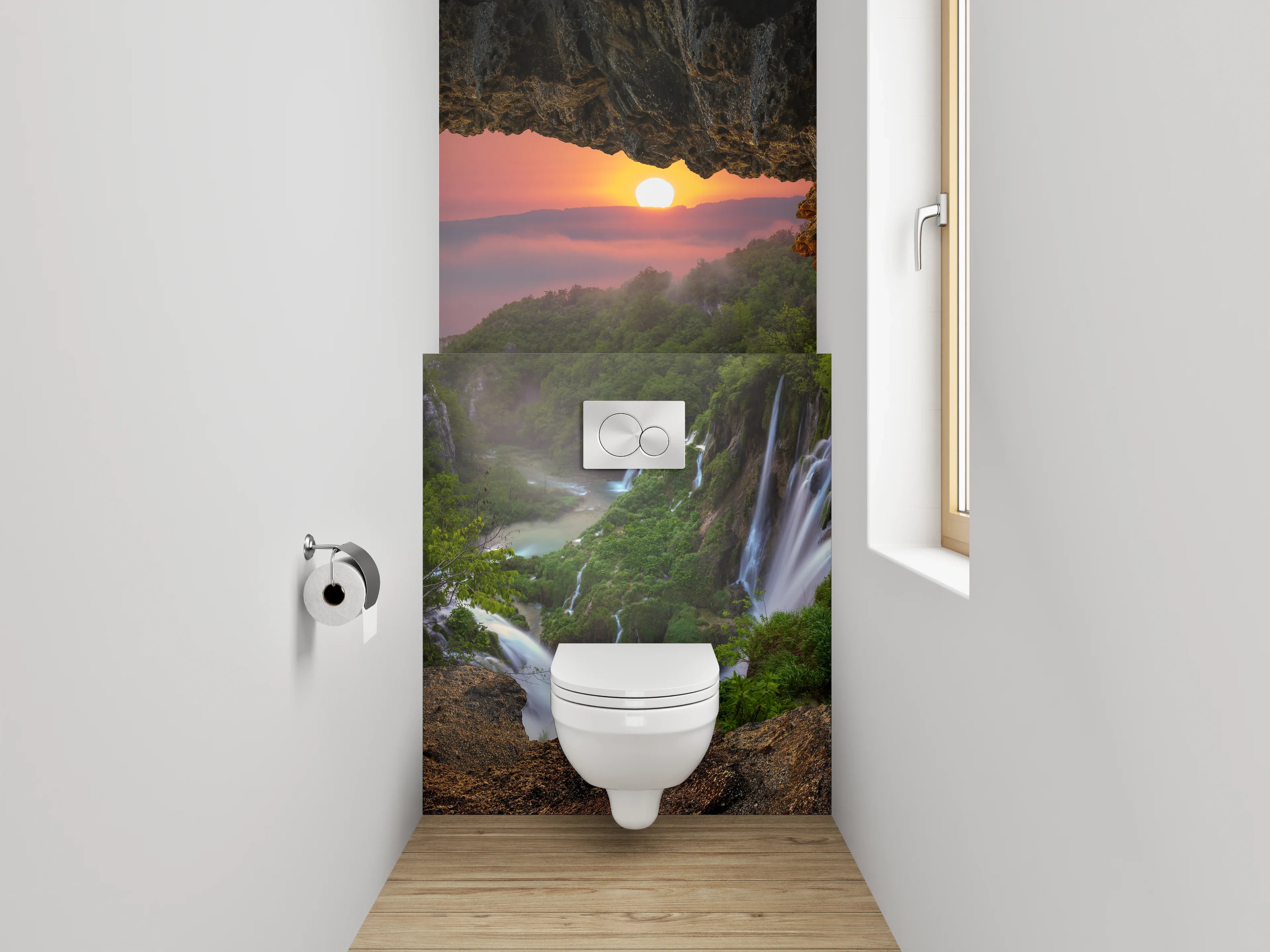 WC-Rückwand - Sonnenuntergang am Wasserfall Felsblick