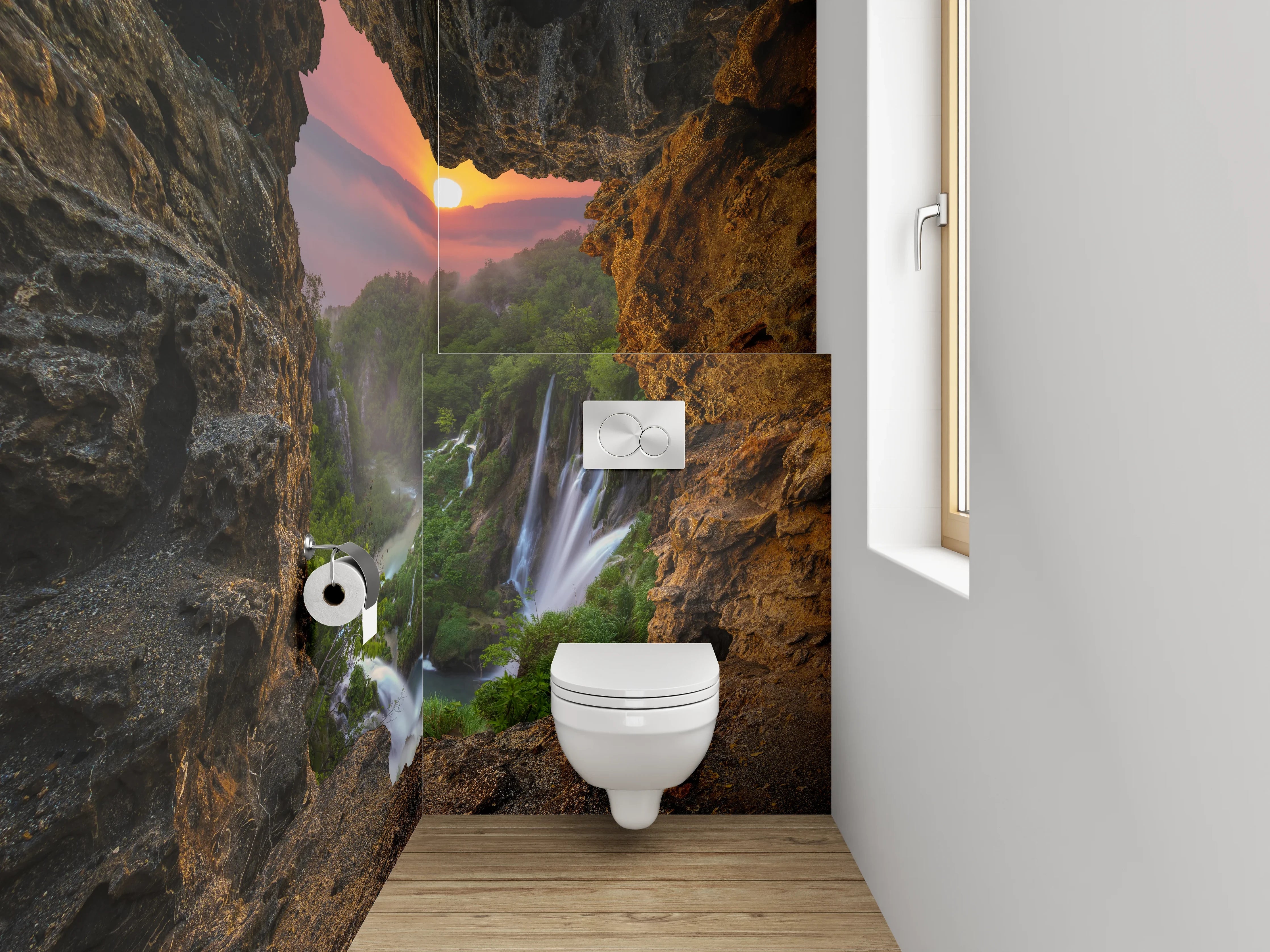 WC-Rückwand - Sonnenuntergang am Wasserfall Felsblick