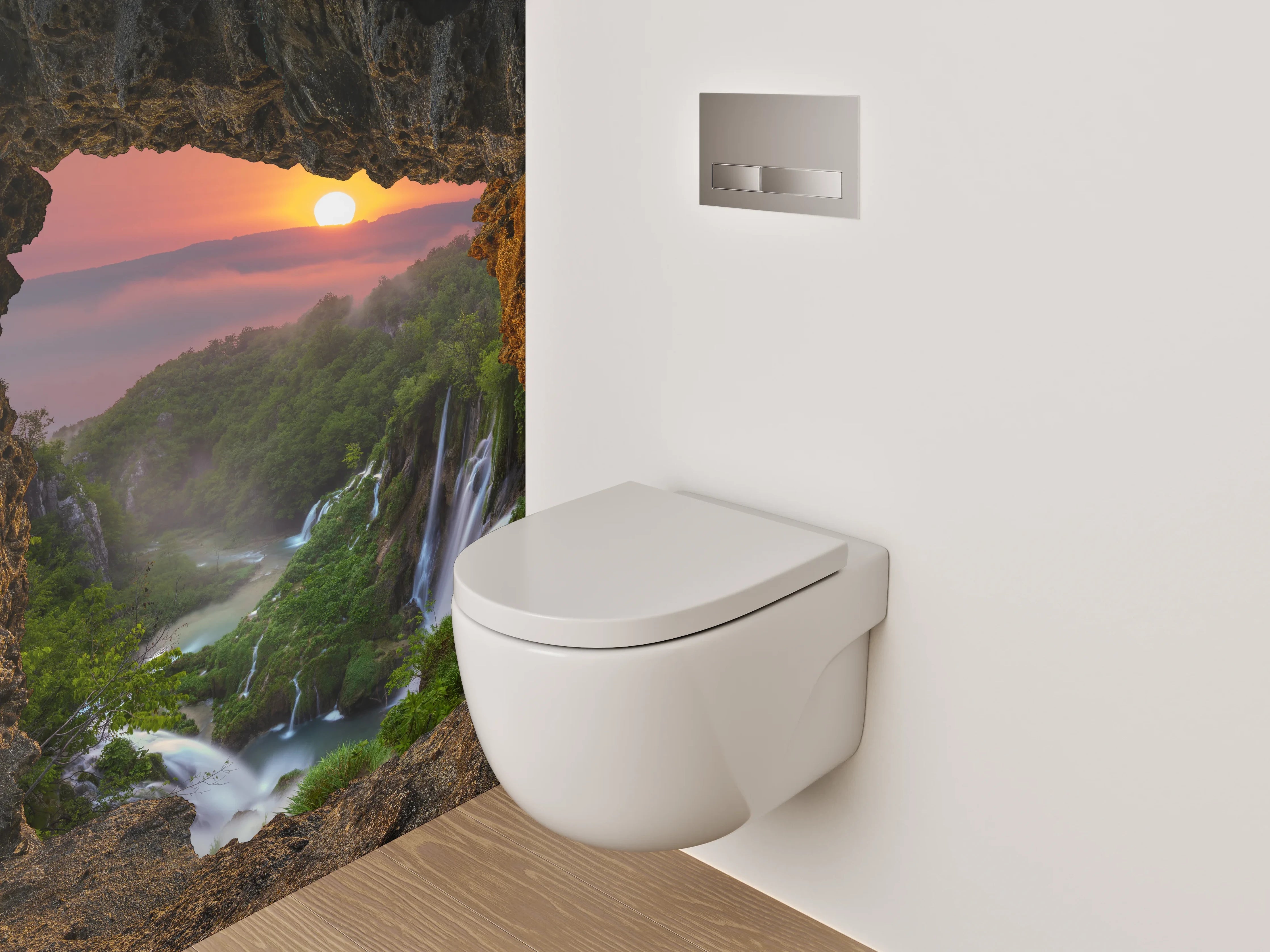 WC-Rückwand - Sonnenuntergang am Wasserfall Felsblick