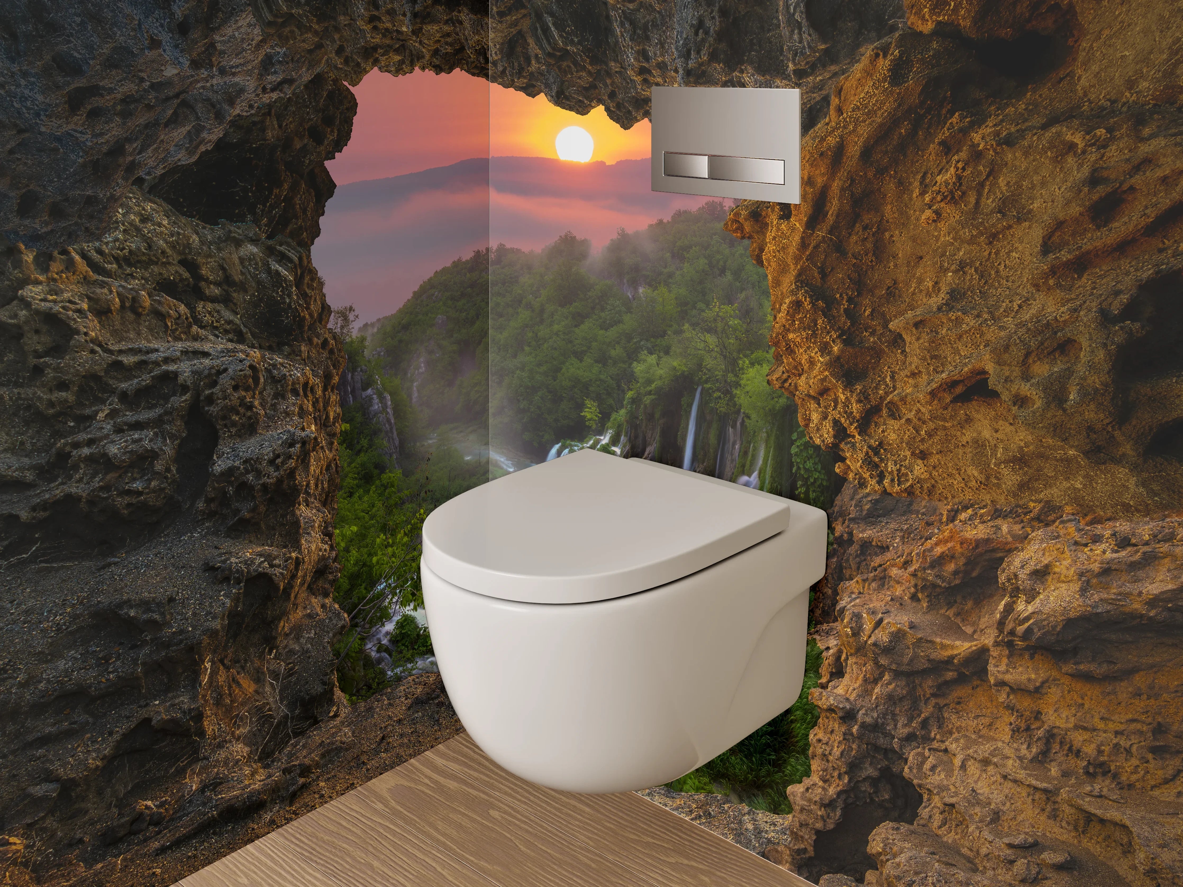 WC-Rückwand - Sonnenuntergang am Wasserfall Felsblick