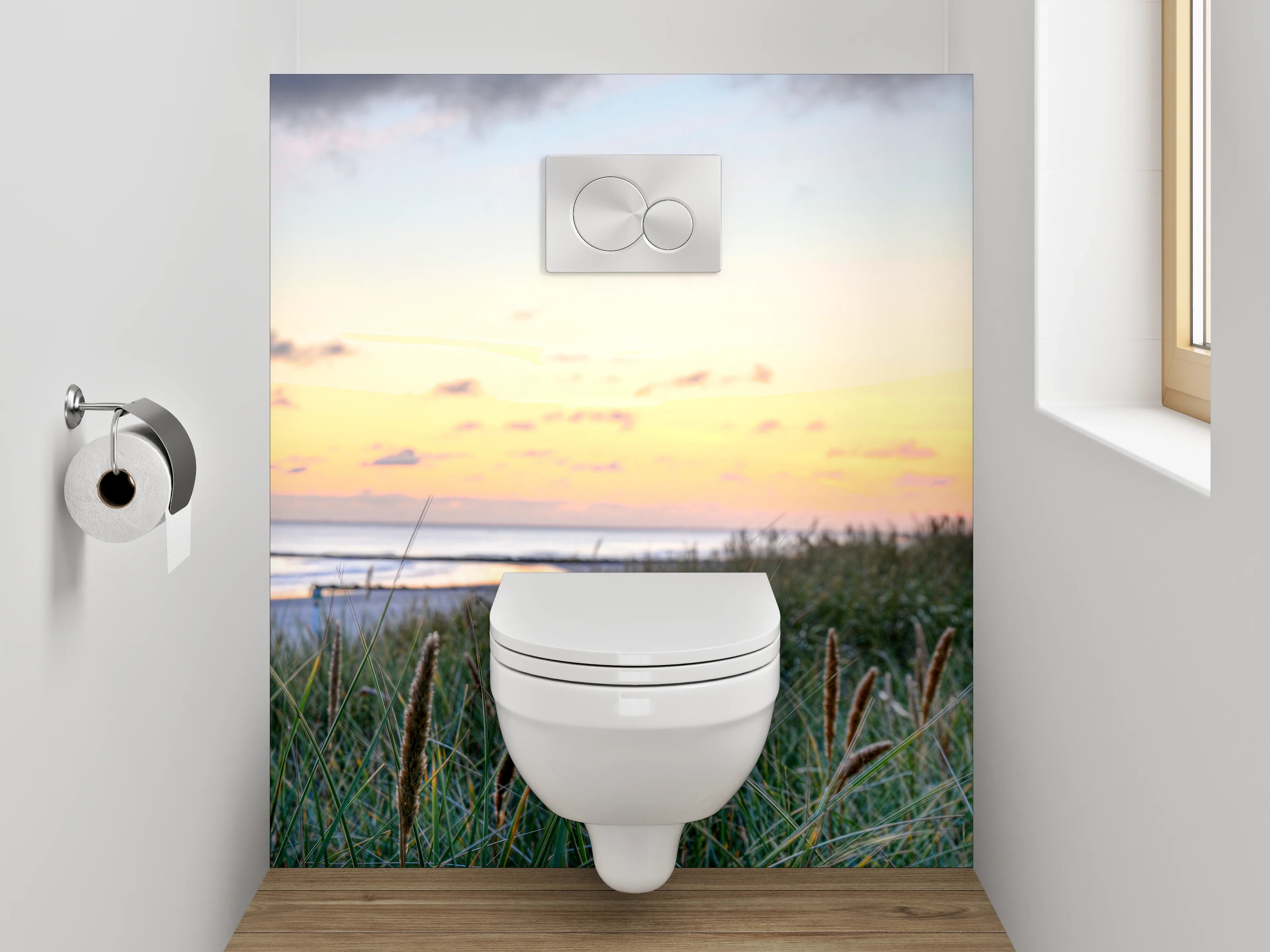 WC-Rückwand - Sonnenuntergang am ruhigen Dünenstrand