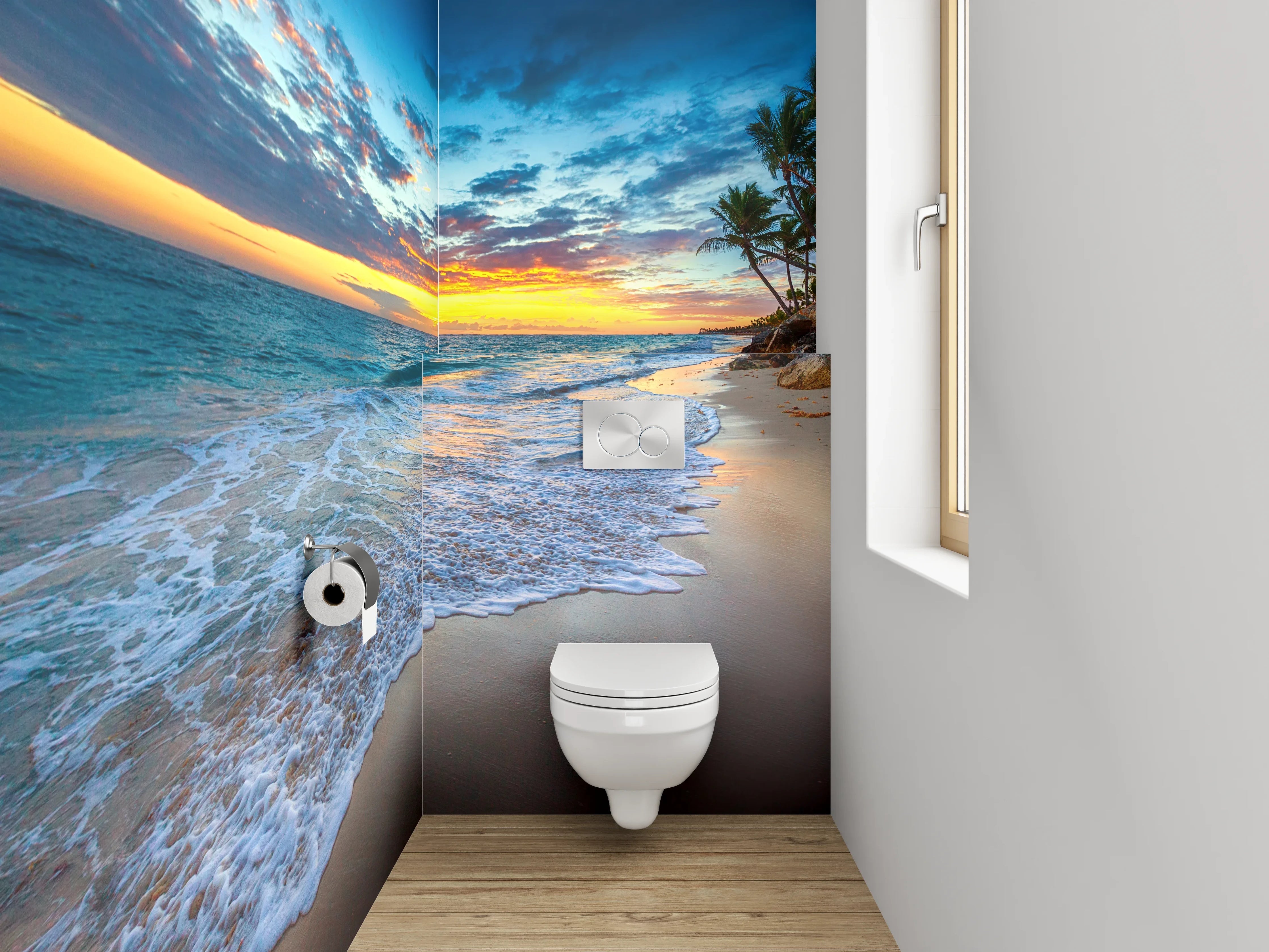 WC-Rückwand - Sonnenuntergang am tropischen Palmenstrand
