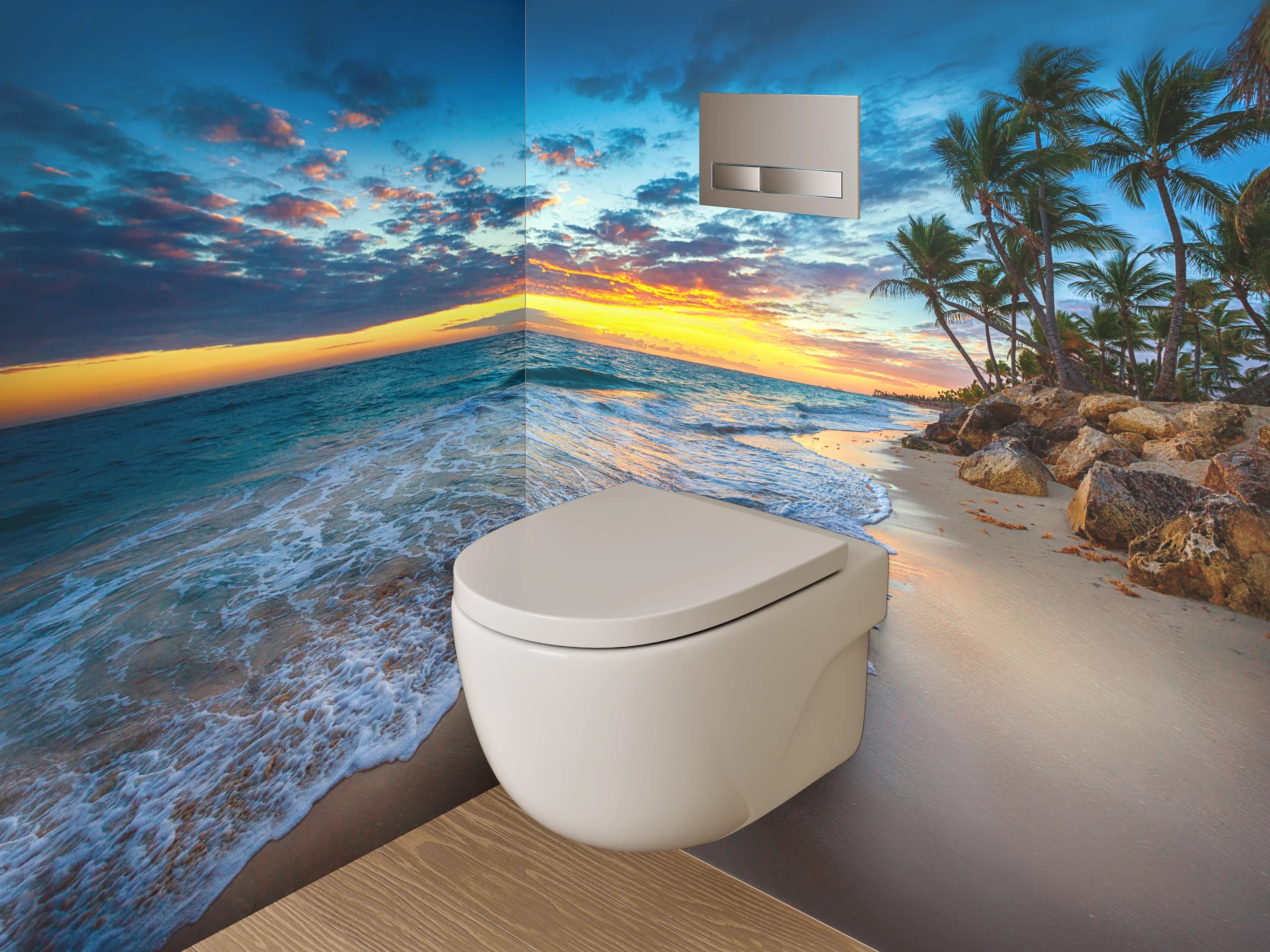 WC-Rückwand - Sonnenuntergang am tropischen Palmenstrand