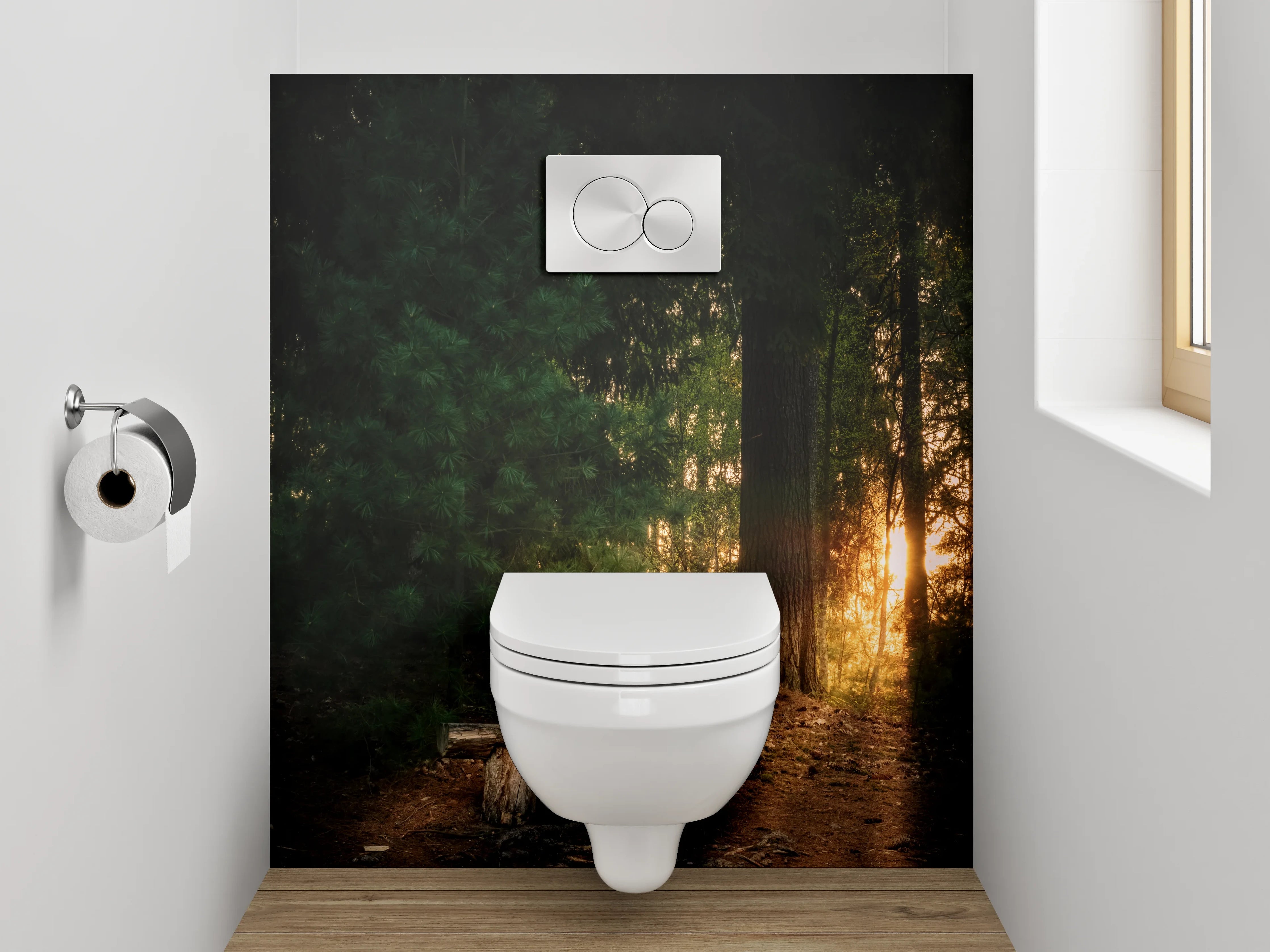 WC-Rückwand - Sonnenuntergang im Wald mit Holzbank