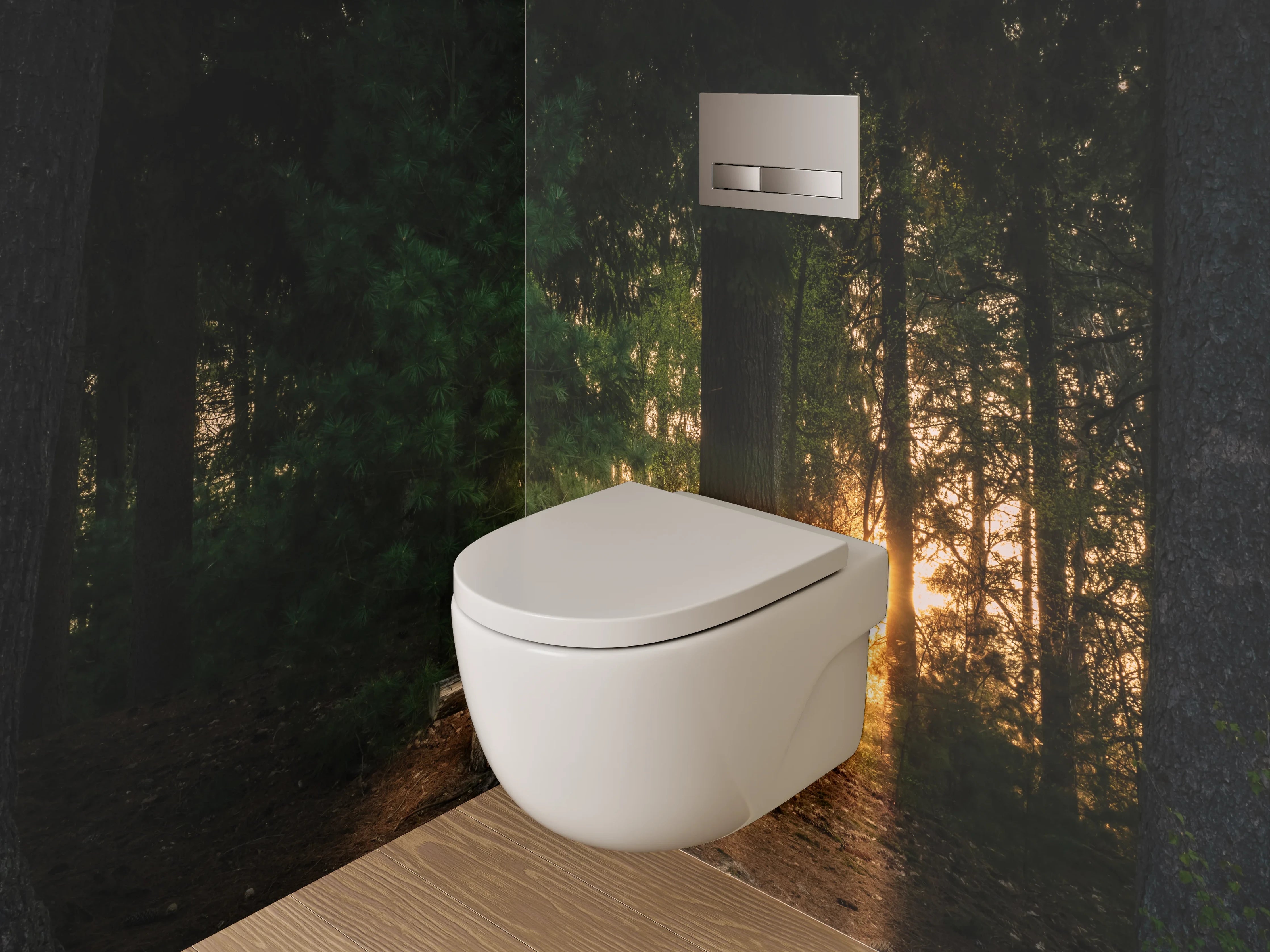 WC-Rückwand - Sonnenuntergang im Wald mit Holzbank