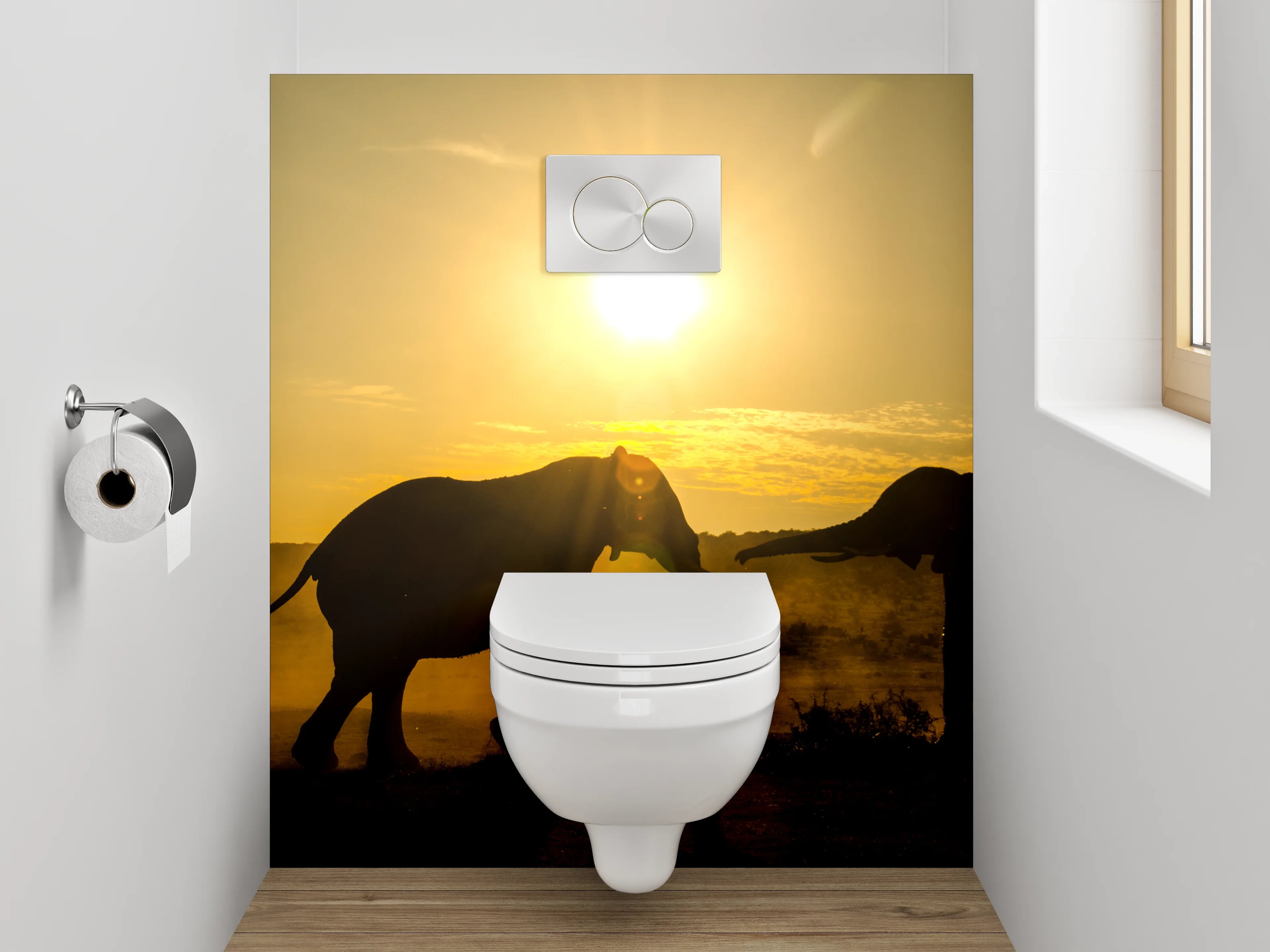 WC-Rückwand - Sonnenuntergang mit Elefantenrudel