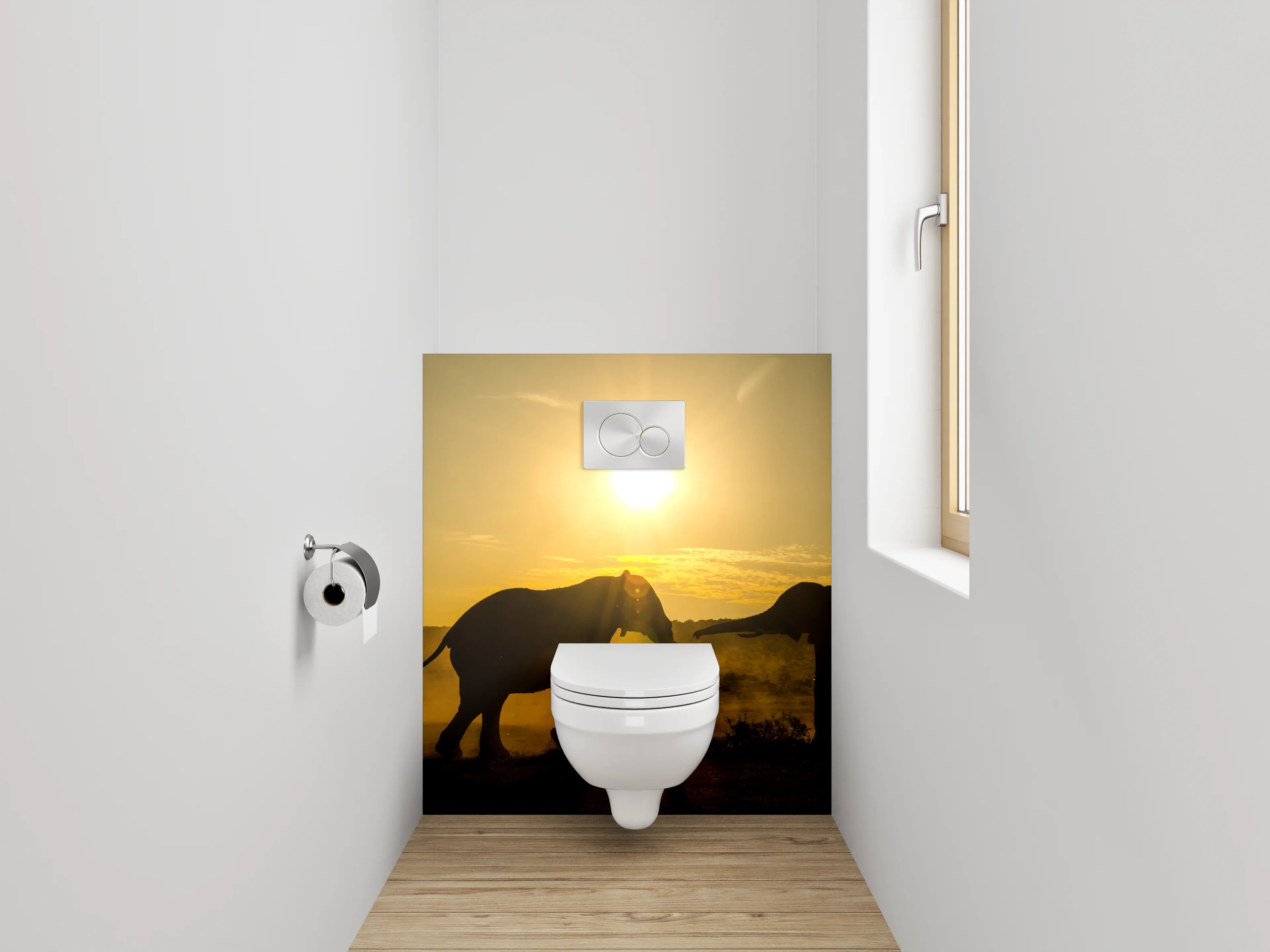 WC-Rückwand - Sonnenuntergang mit Elefantenrudel