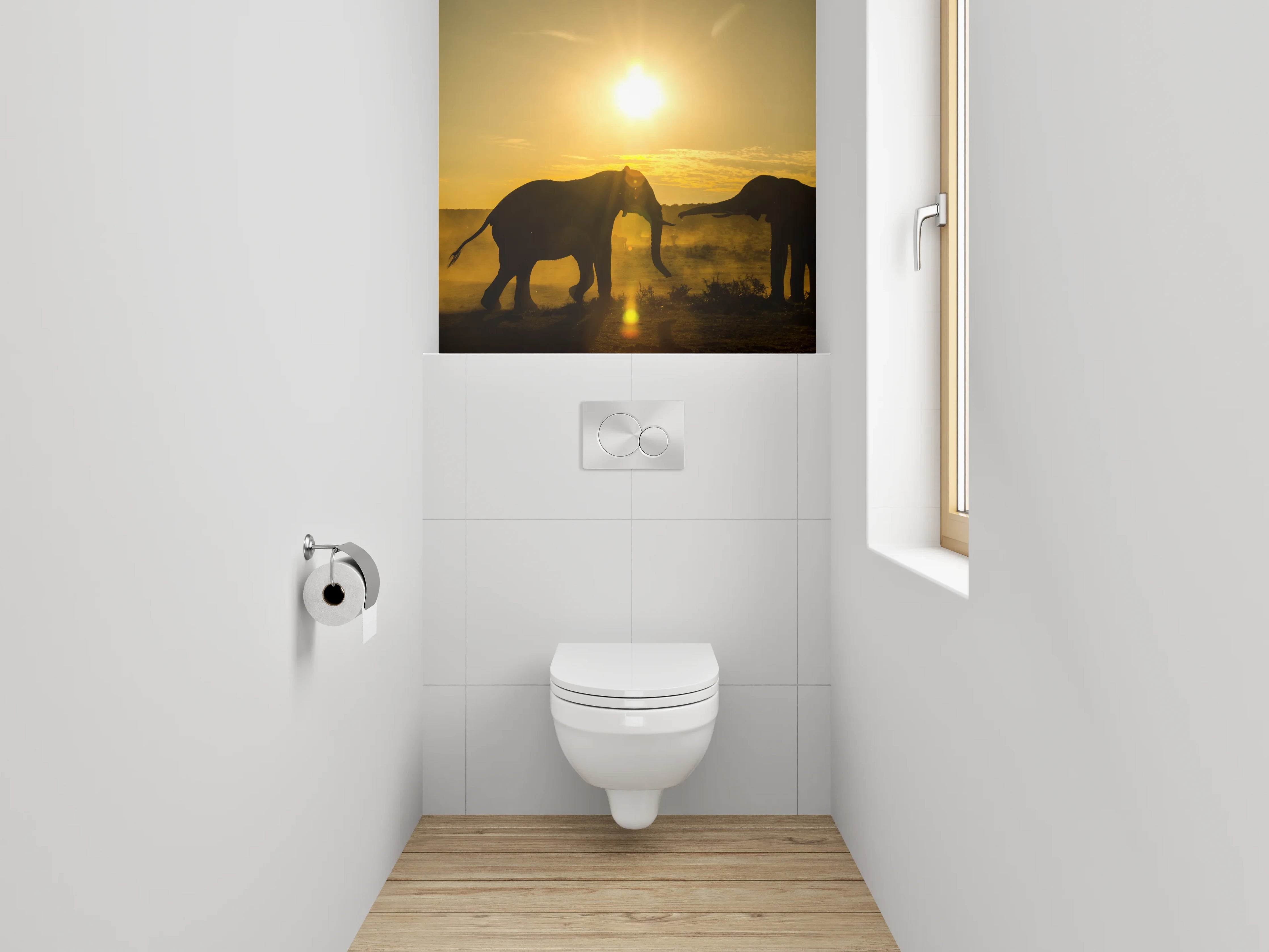 WC-Rückwand - Sonnenuntergang mit Elefantenrudel