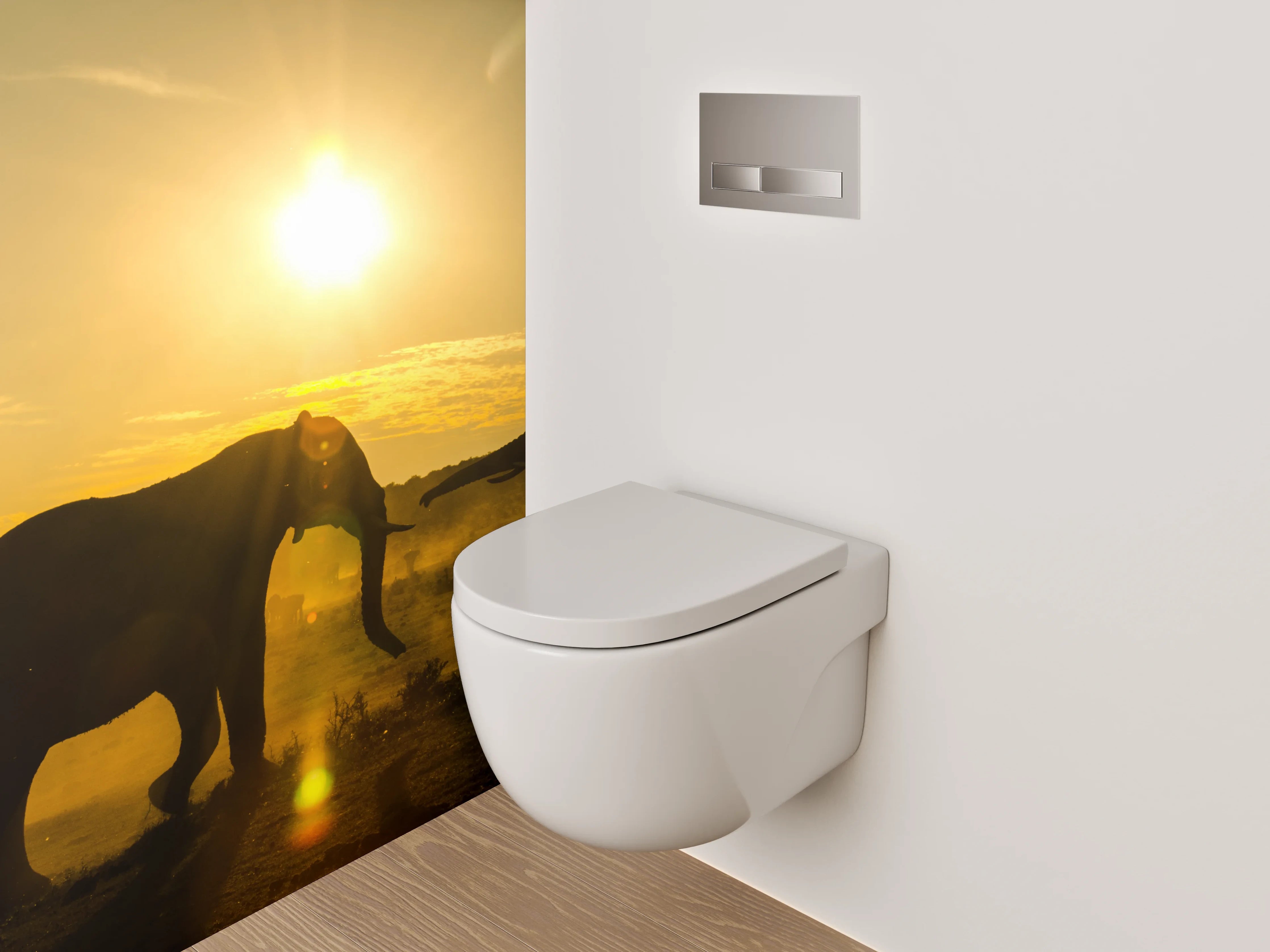 WC-Rückwand - Sonnenuntergang mit Elefantenrudel