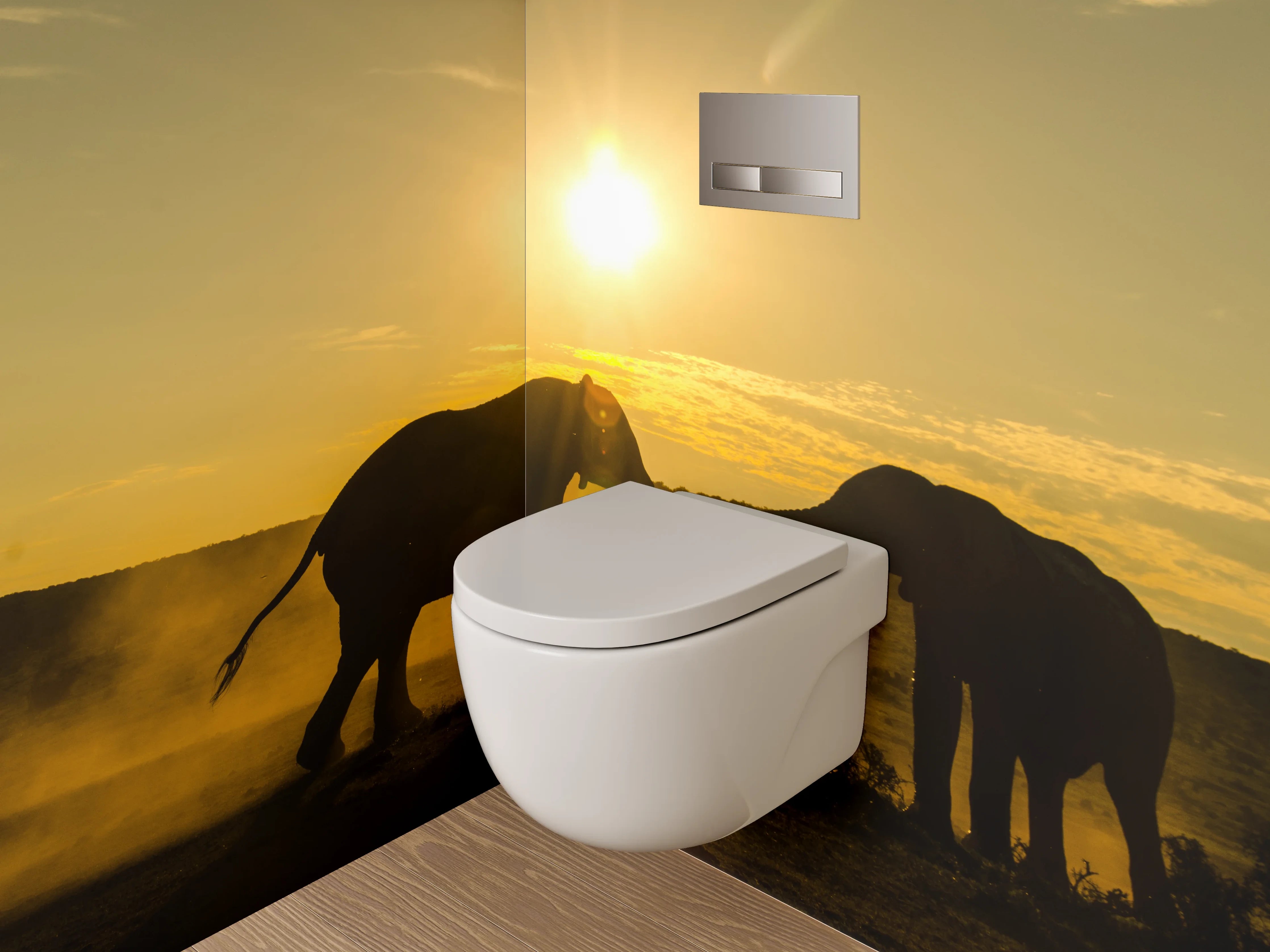 WC-Rückwand - Sonnenuntergang mit Elefantenrudel