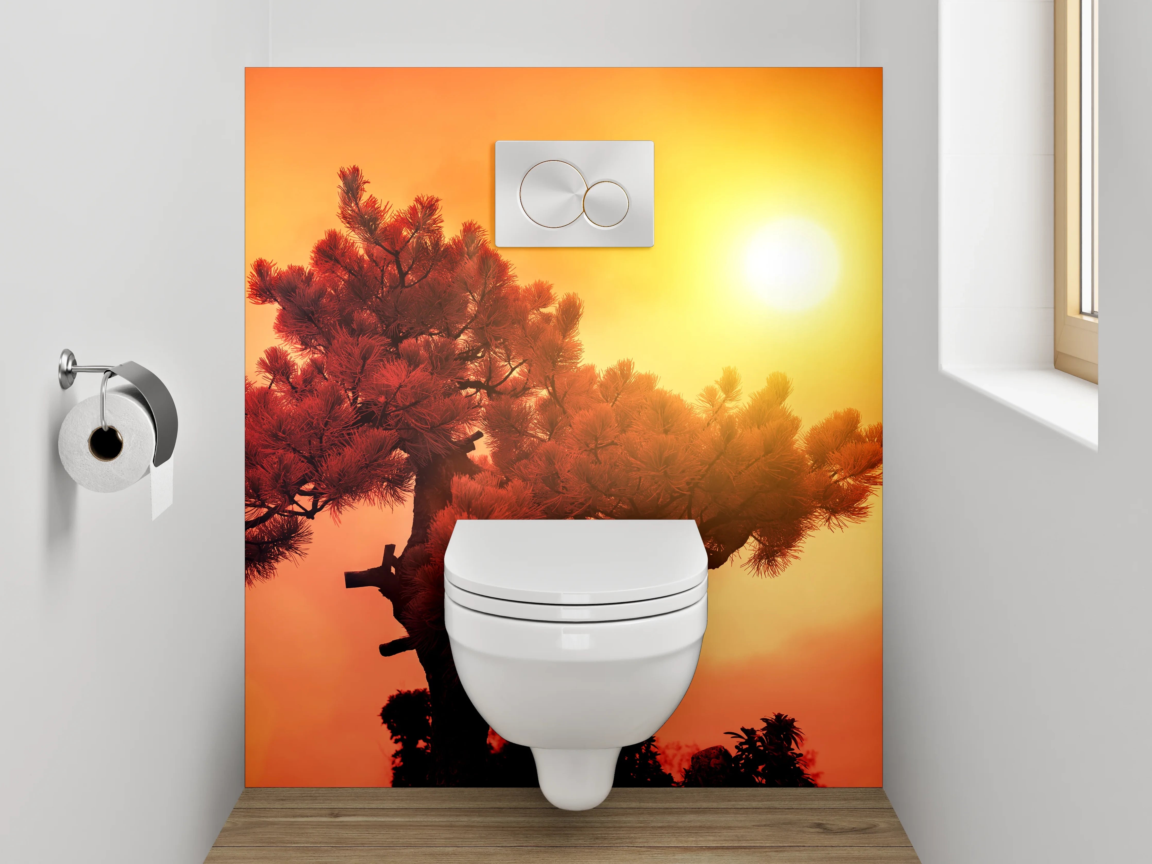 WC-Rückwand - Sonnenuntergang über Kiefernbaum Fotokunst