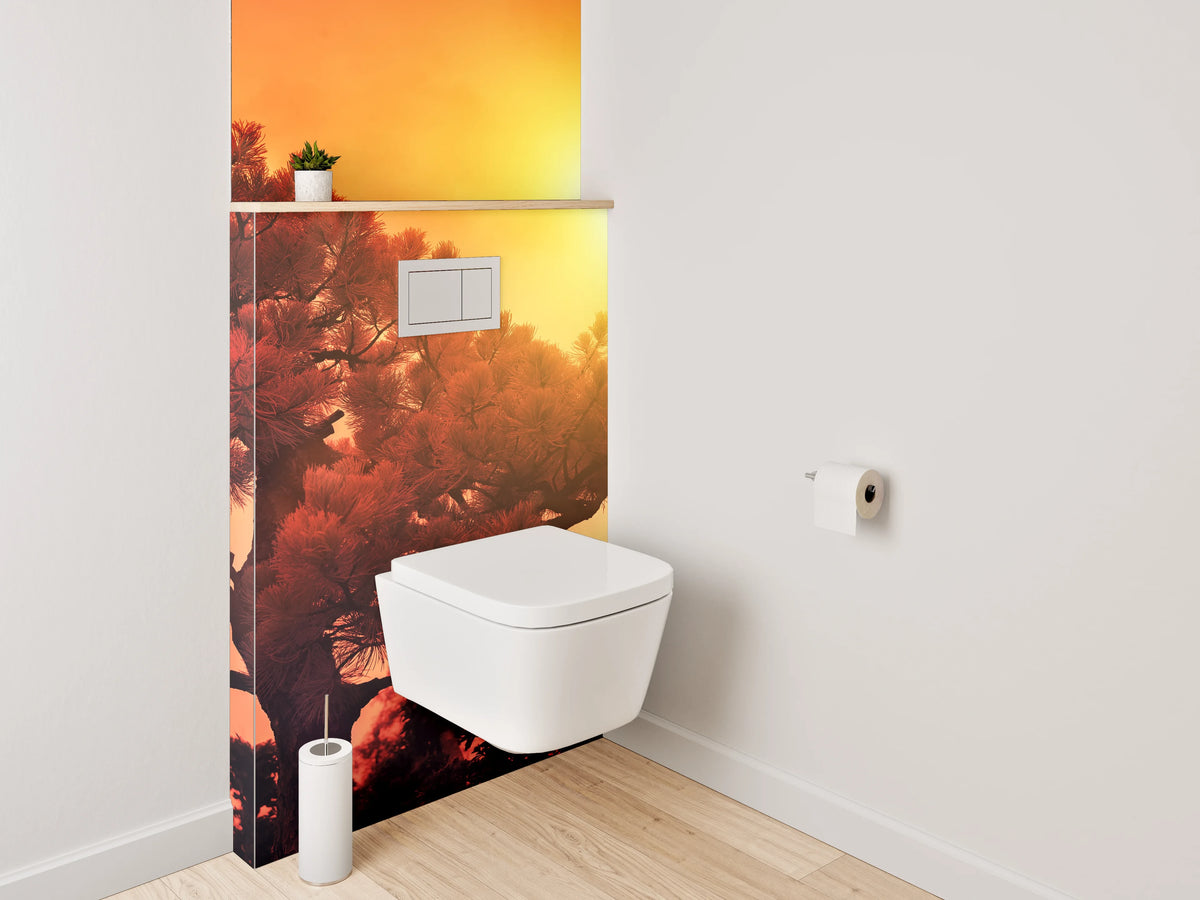 WC-Rückwand - Sonnenuntergang über Kiefernbaum Fotokunst