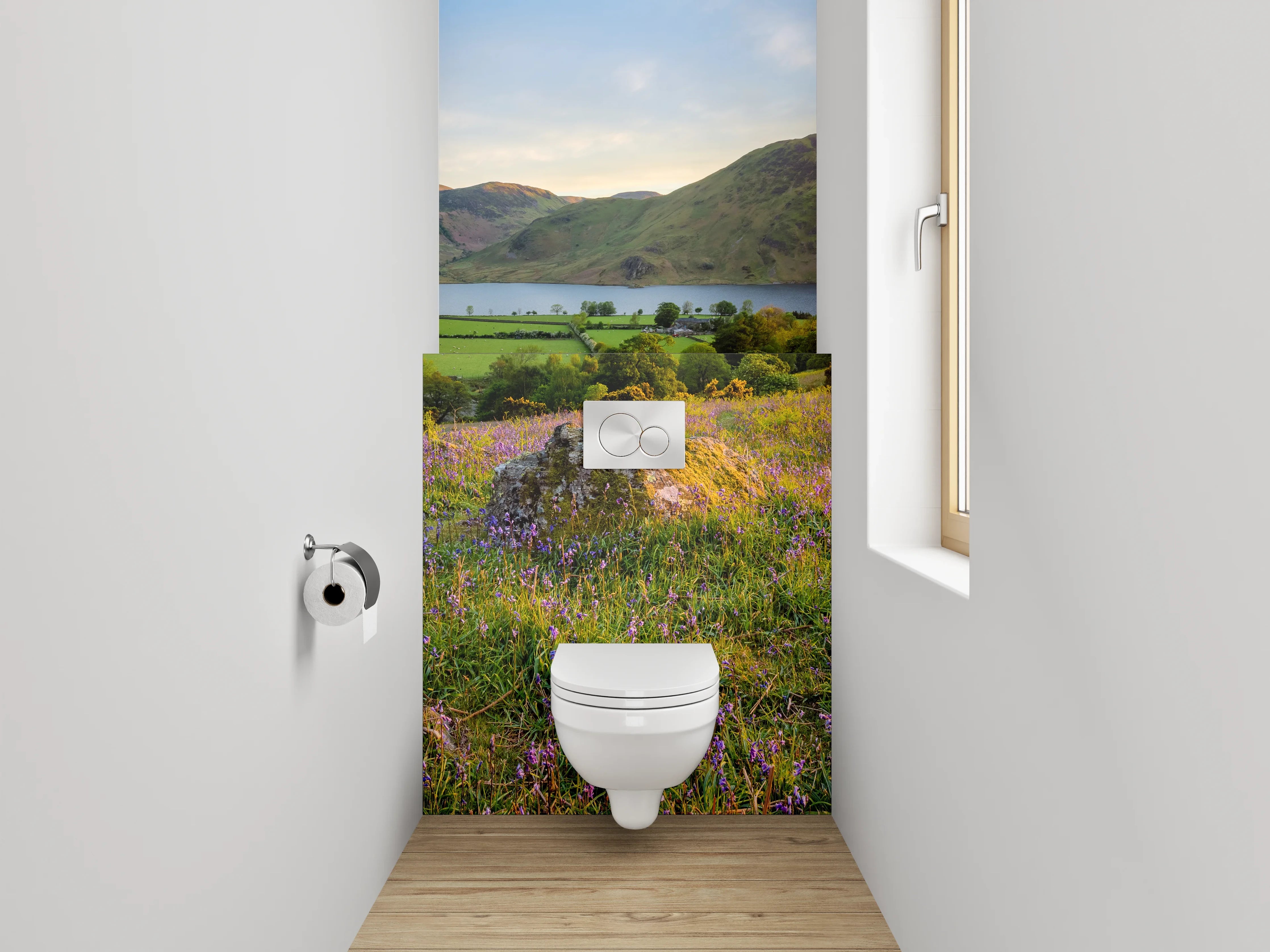 WC-Rückwand - Sonnenuntergang über blühenden Hügeln