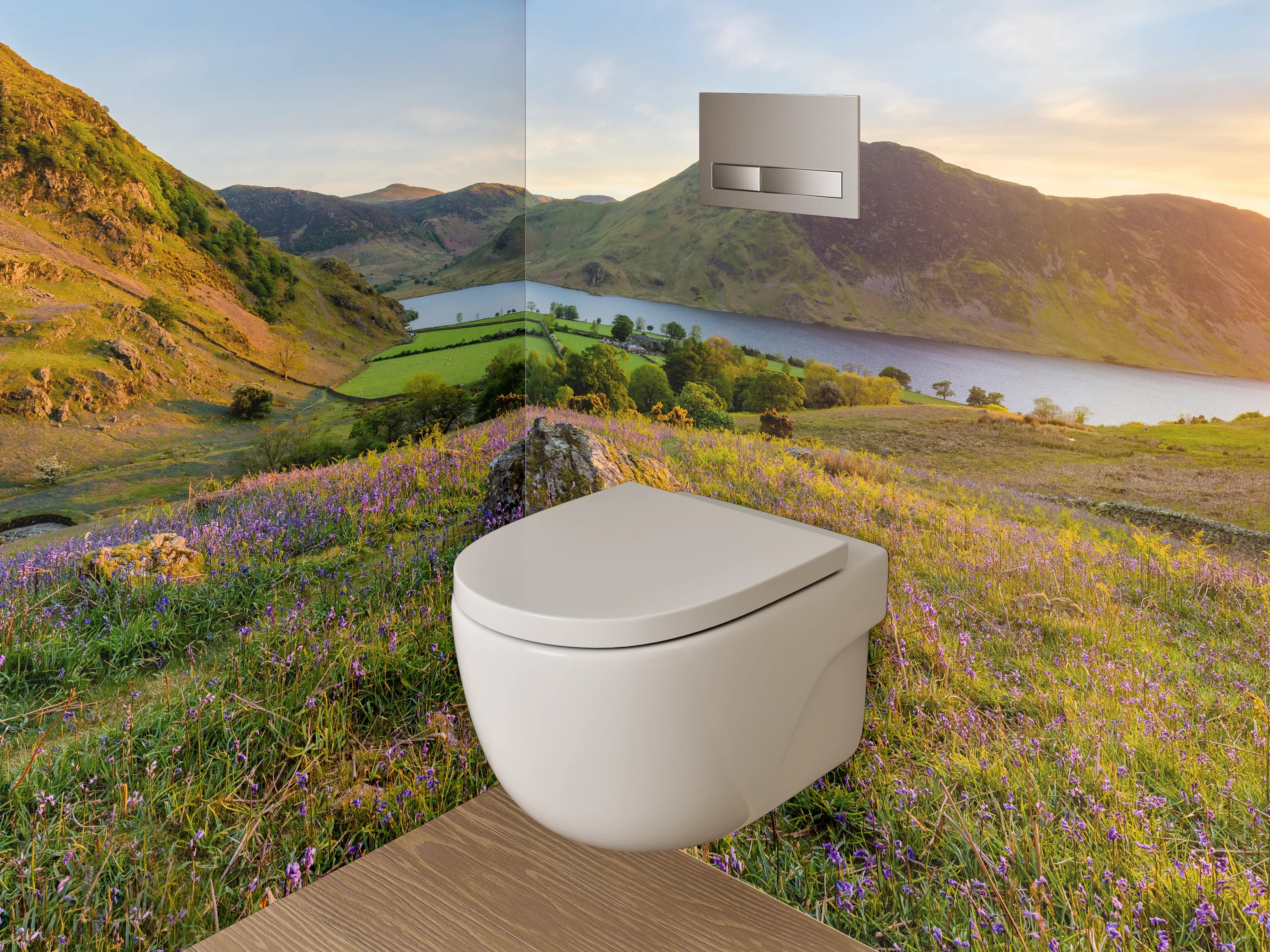 WC-Rückwand - Sonnenuntergang über blühenden Hügeln