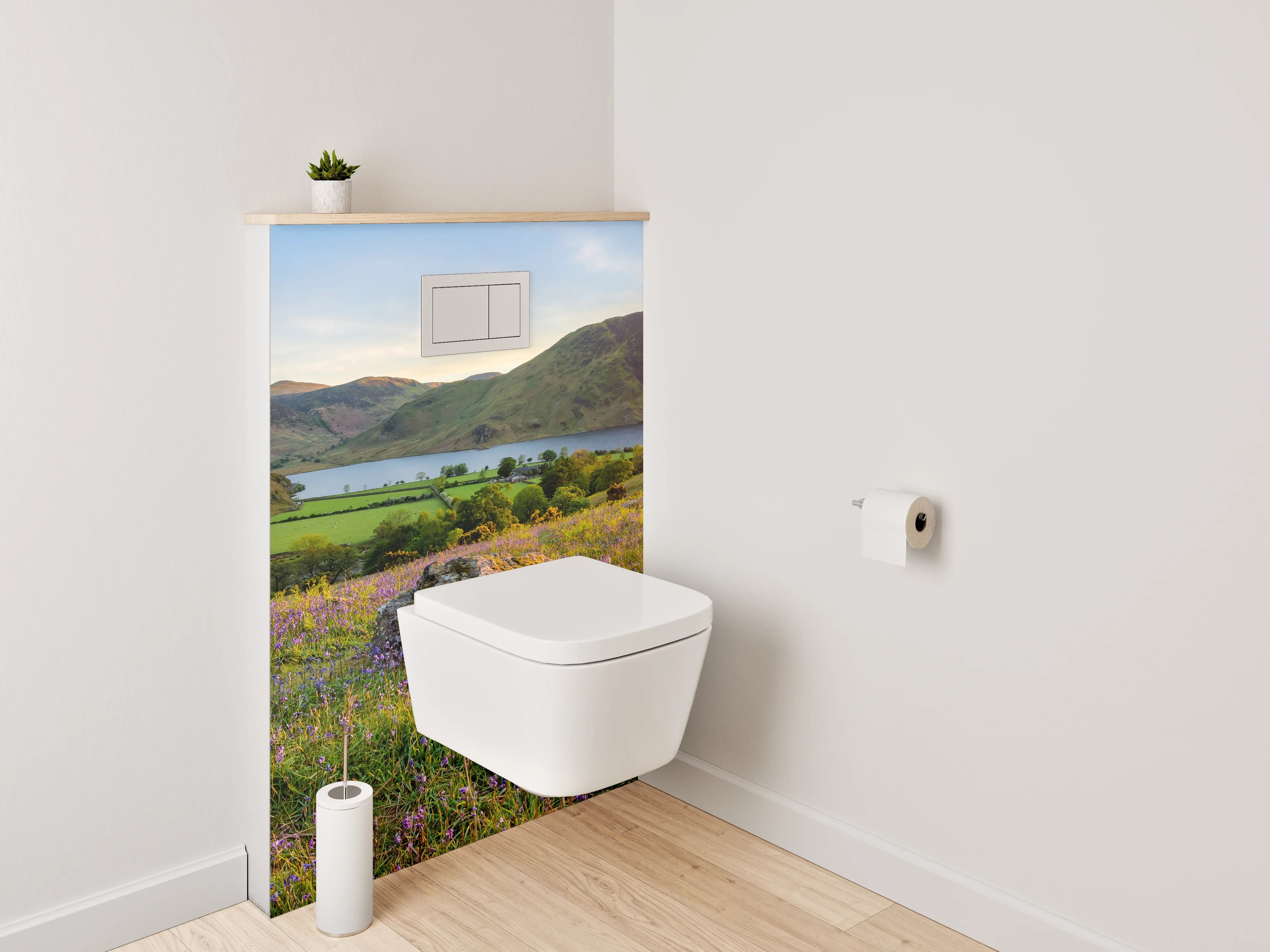WC-Rückwand - Sonnenuntergang über blühenden Hügeln