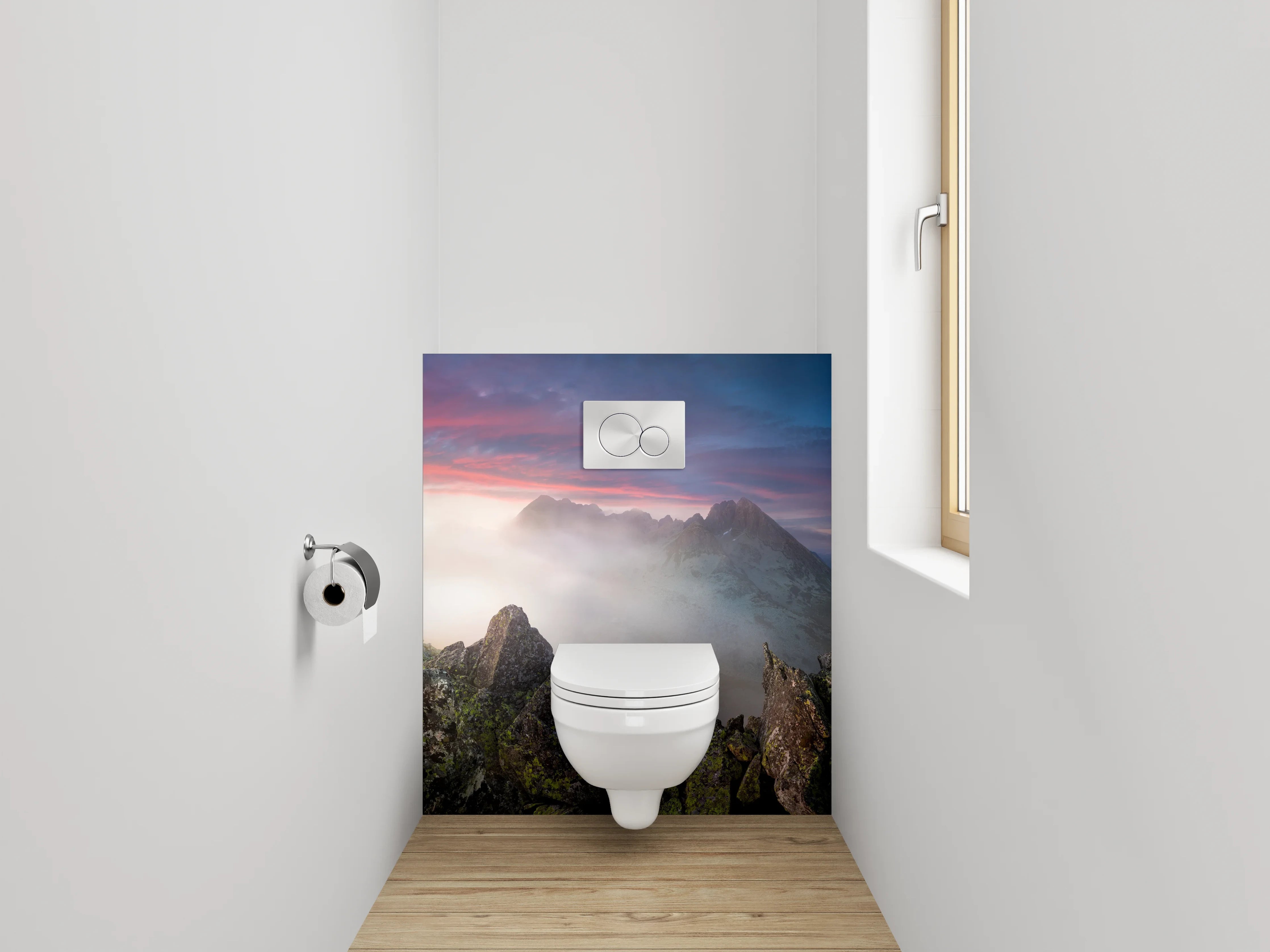 WC-Rückwand - Sonnenuntergang über mystischen Bergen