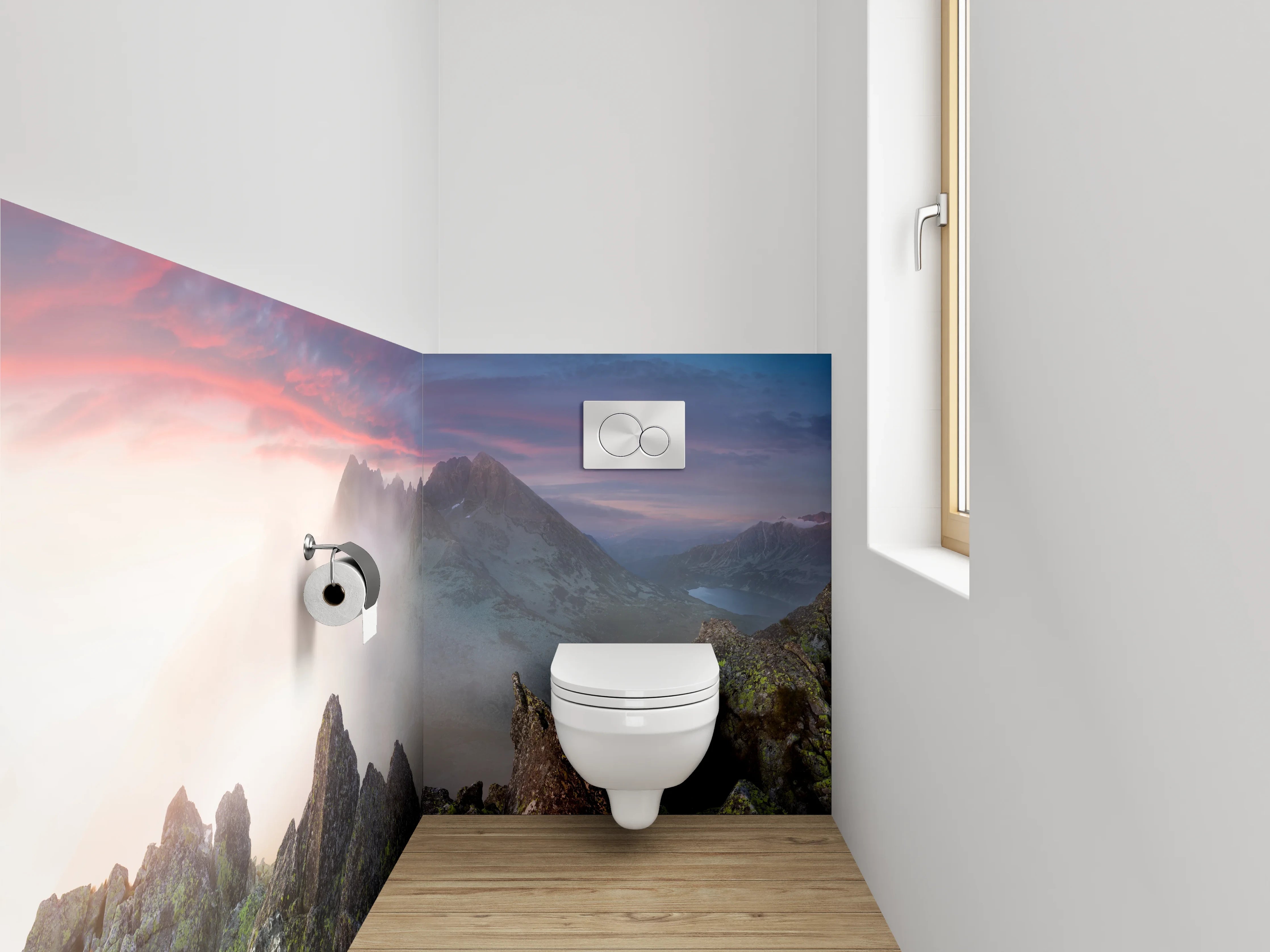 WC-Rückwand - Sonnenuntergang über mystischen Bergen