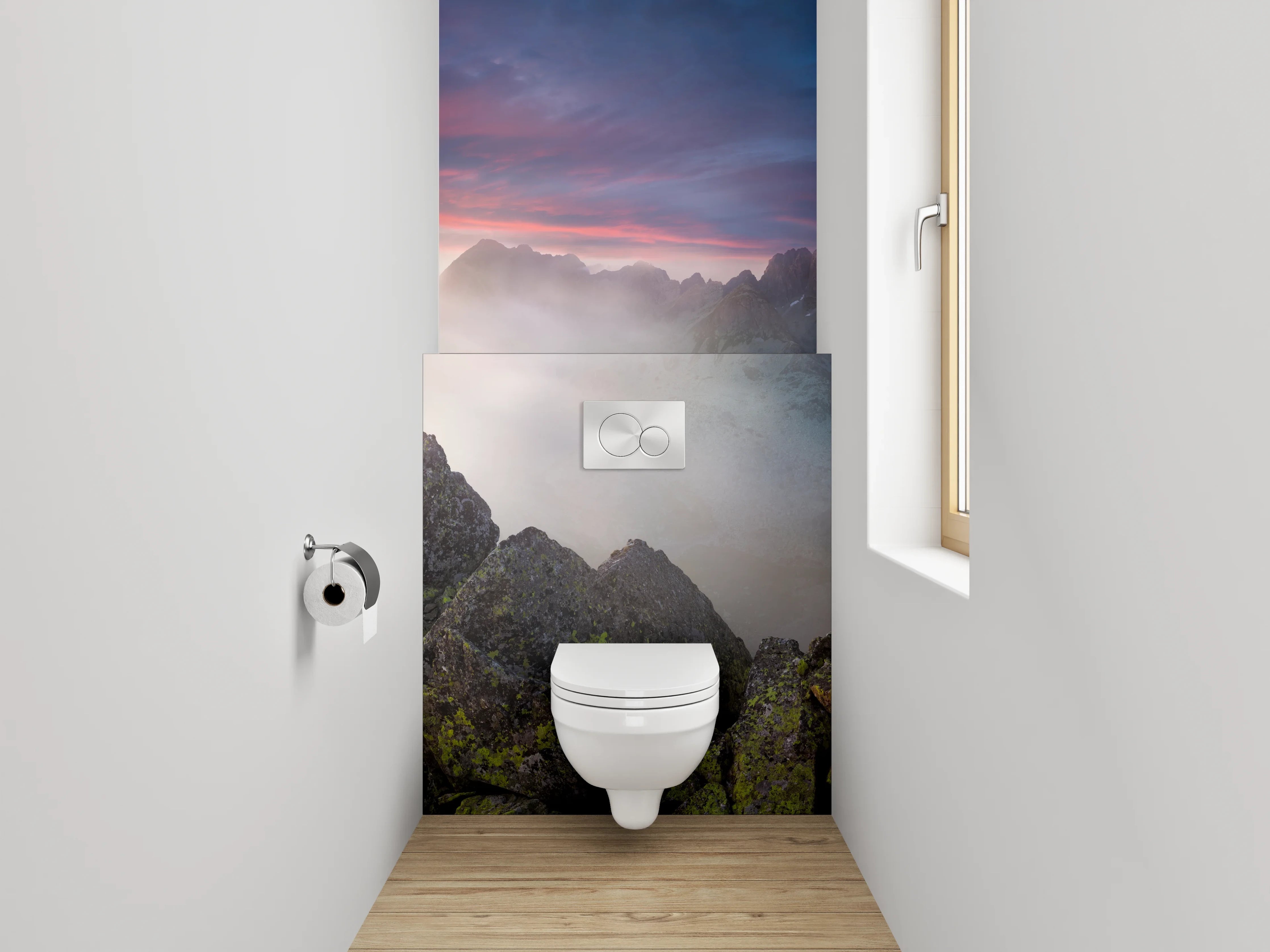 WC-Rückwand - Sonnenuntergang über mystischen Bergen
