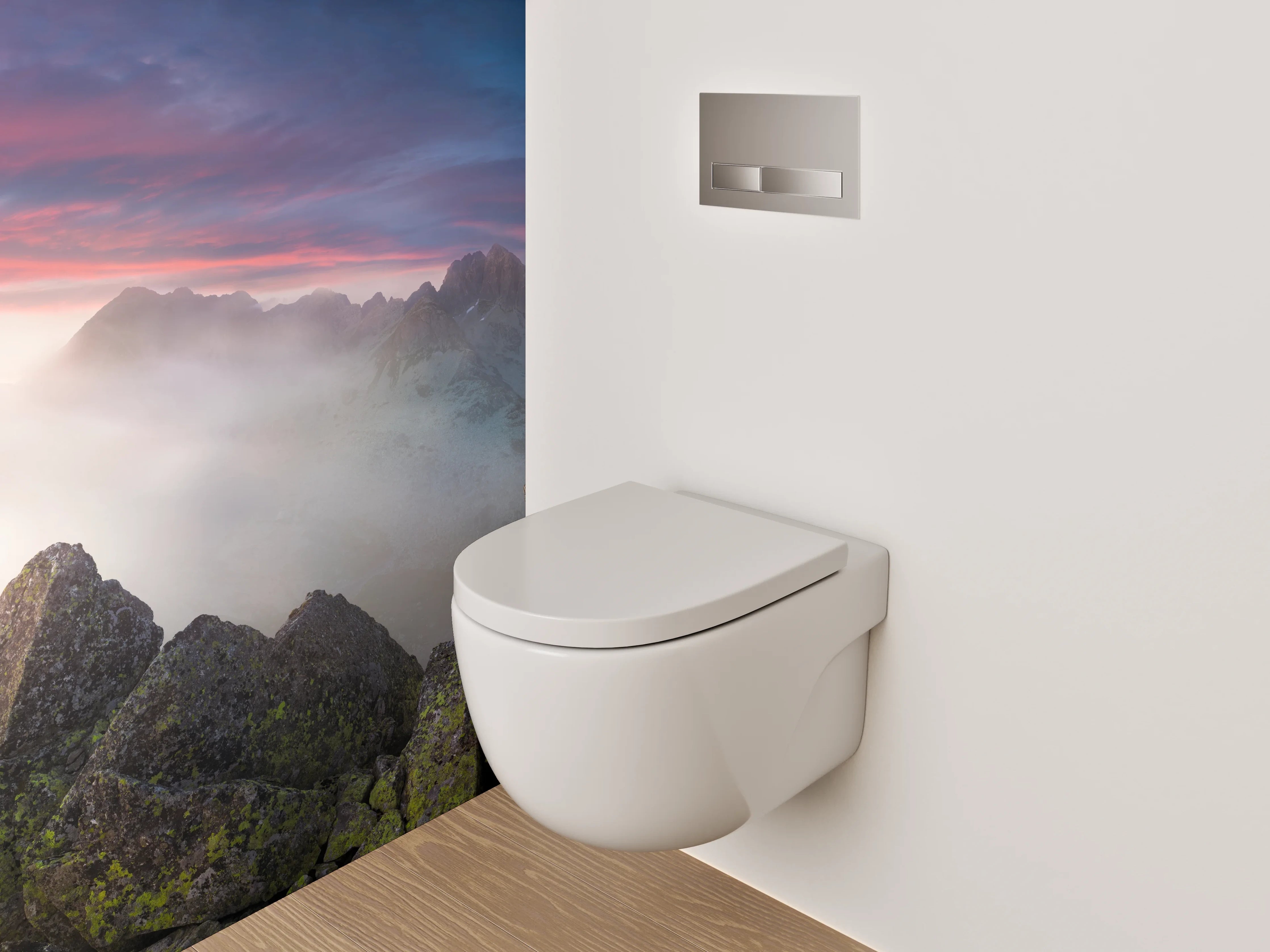 WC-Rückwand - Sonnenuntergang über mystischen Bergen